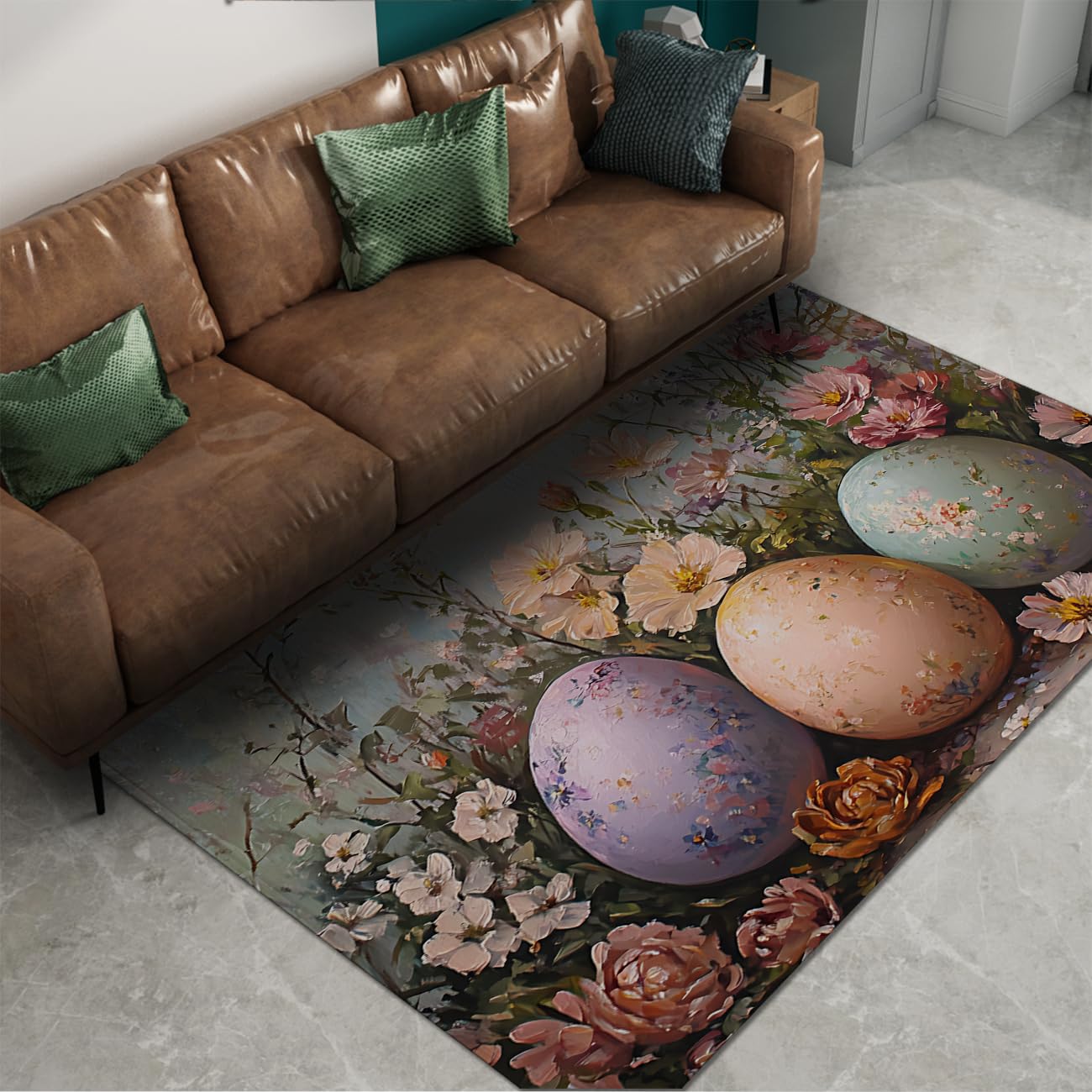 Dywan do ogrodu wiosennego z niskim sufitem, 160 x 200 cm, lawendowe, brzoskwiniowe i miętowe, pisanki osadzone w różach i stokrotkach na kwitnącej macie podłogowej łąk