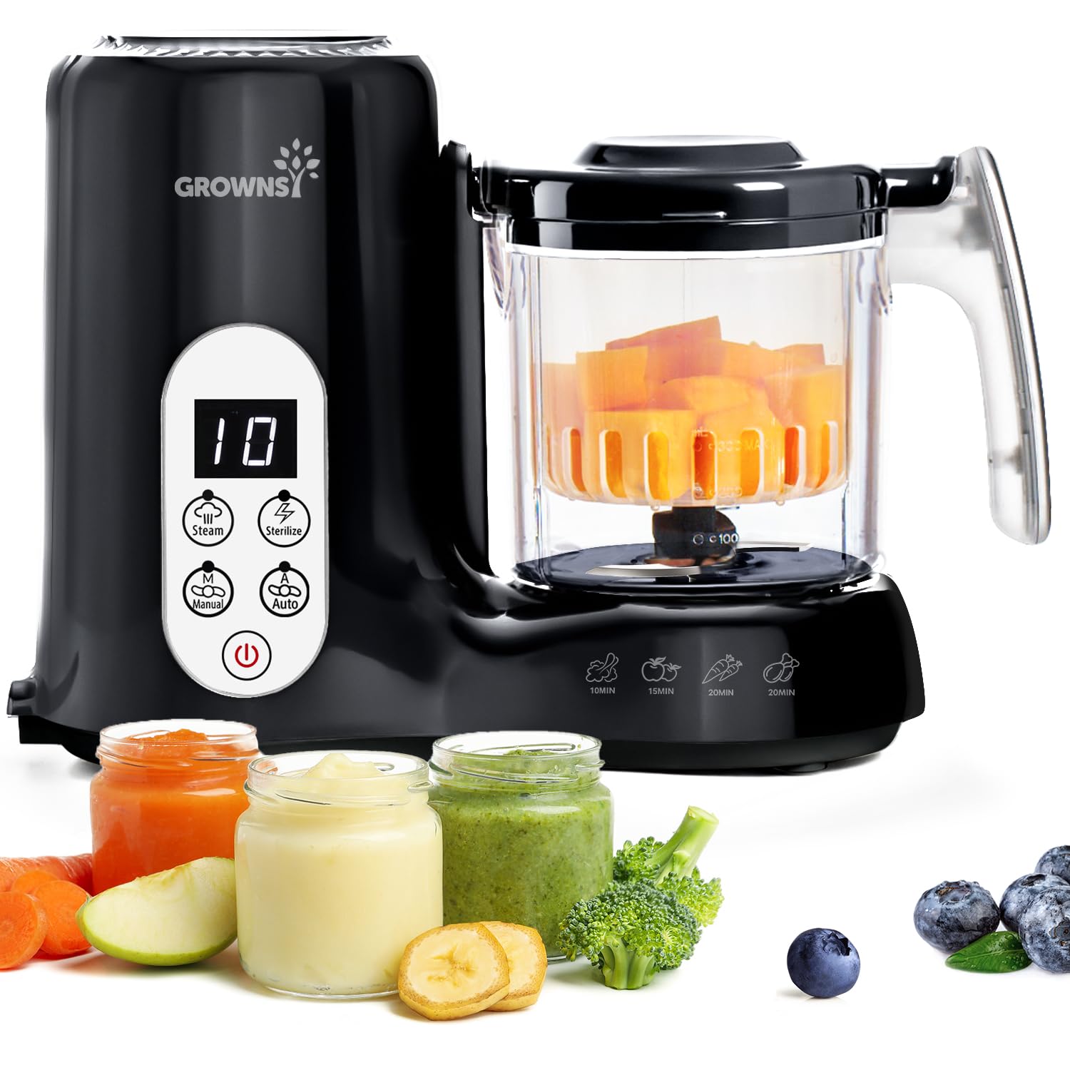 Grownsy Baby Food Maker with Steam Basket, One Step Baby Food Processor Steamer Puree Blender Grinder Mills Machine, Auto Cooking Grinding and Sterili-zing for Healthy Homemade Baby Food, Black
