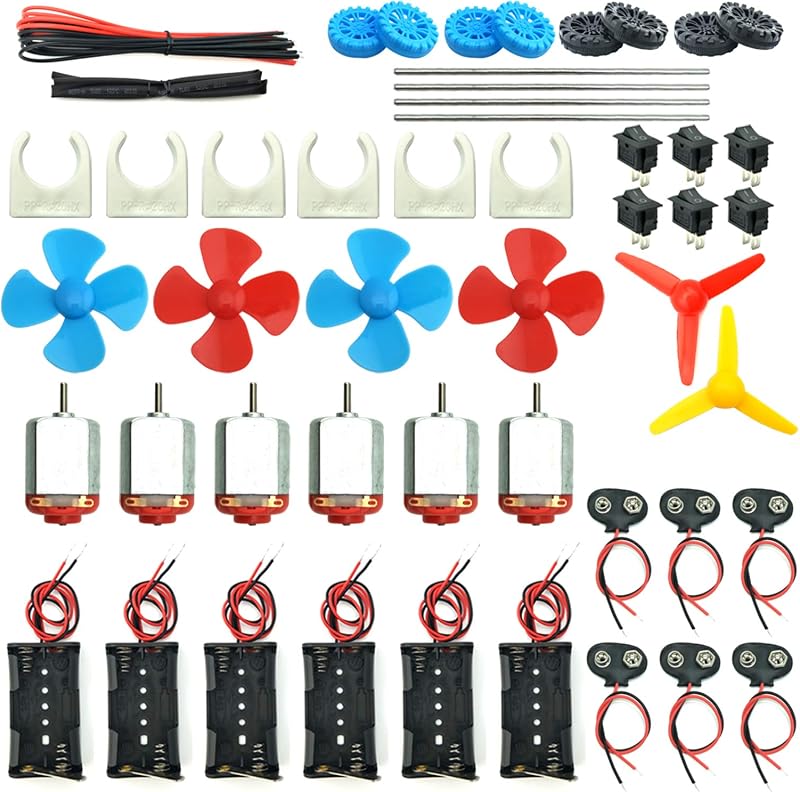 EUDAX 6 Set DC Motors Kit, Mini Electric Hobby Motor 3V -12V 25000 RPM Strong Magnetic with Shaft Propeller, 2 x AA Battery Holder,9V Battery Clip Connector,Plastic Wheels for DIY Science Projects