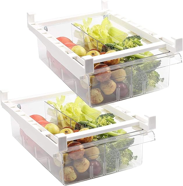 Greentainer 2 Pack Refrigerator Organizer Bins with Handle, Pull-out Fridge Drawer Organizer 4 Divided, Freely Pullable Refrigerator Storage Box