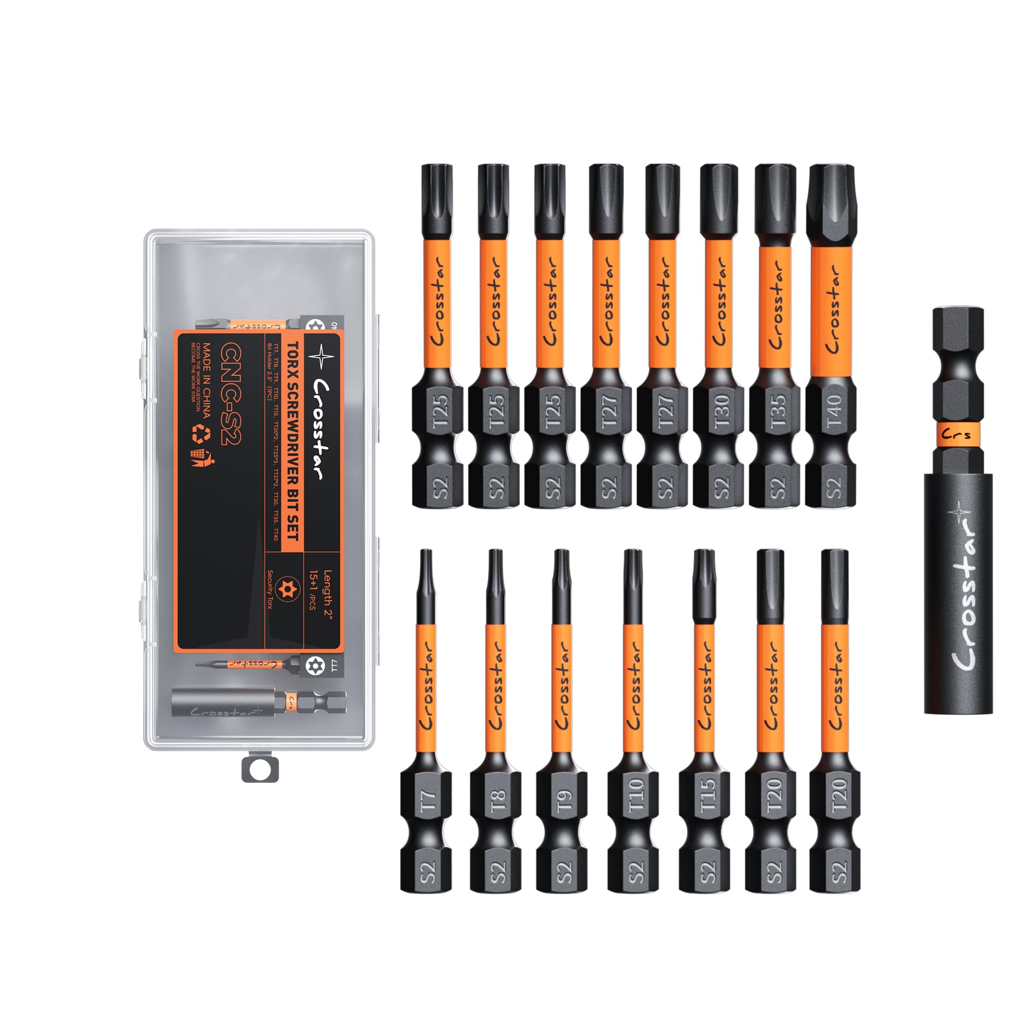 Crosstar 16 Pcs 2" Impact Torx Bit Set, S2 Steel Magnetic Security Star Bits, Tamper Proof Torx Screwdriver Bits with CNC Tips for Drill/Driver, Automotive, Woodworking &amp; Home Repair