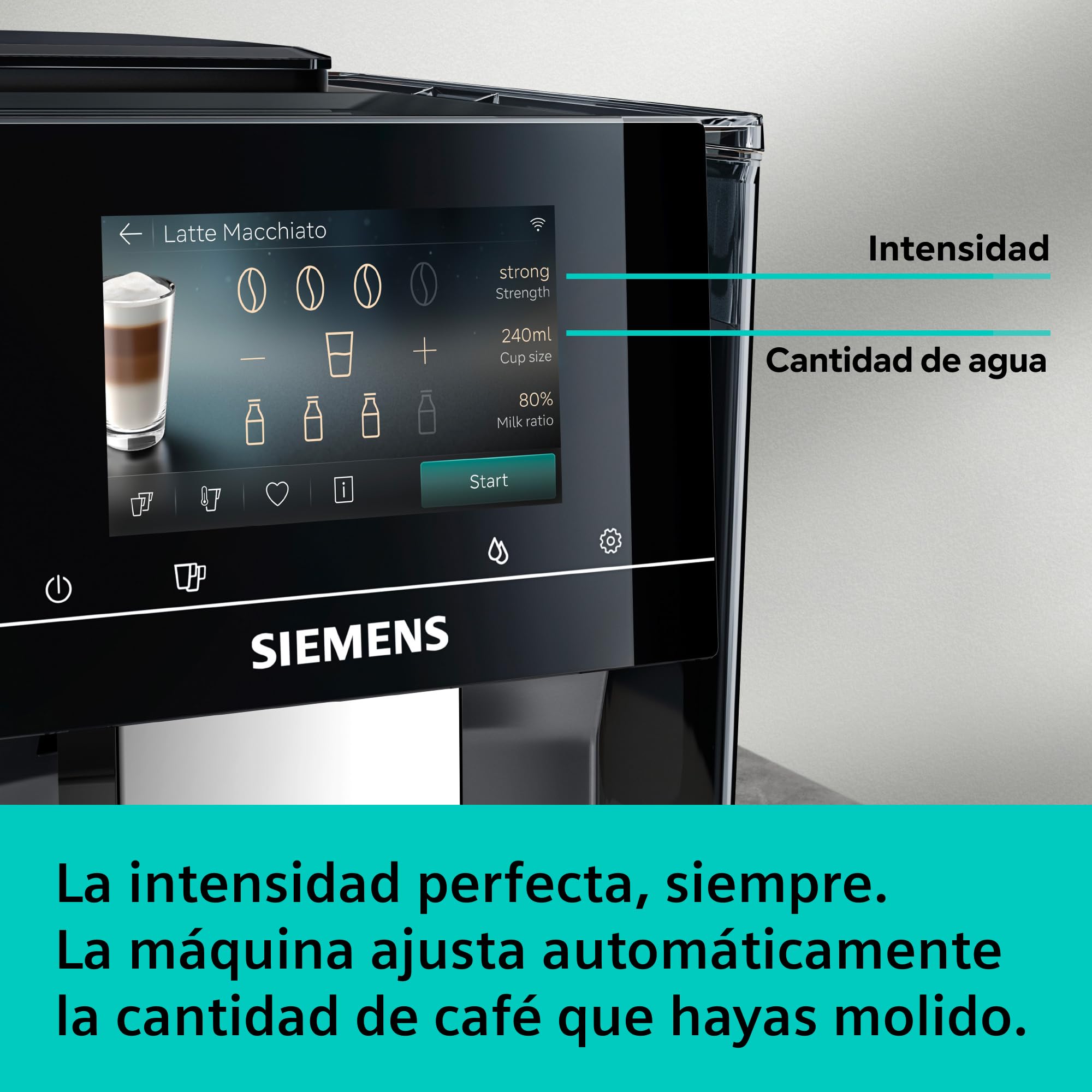 SIEMENS, Cafetera Superautomática, EQ700 iAroma, pantalla táctil, Cold Brew y Slow Brew, App Home Connect, morning haze, TP725E01