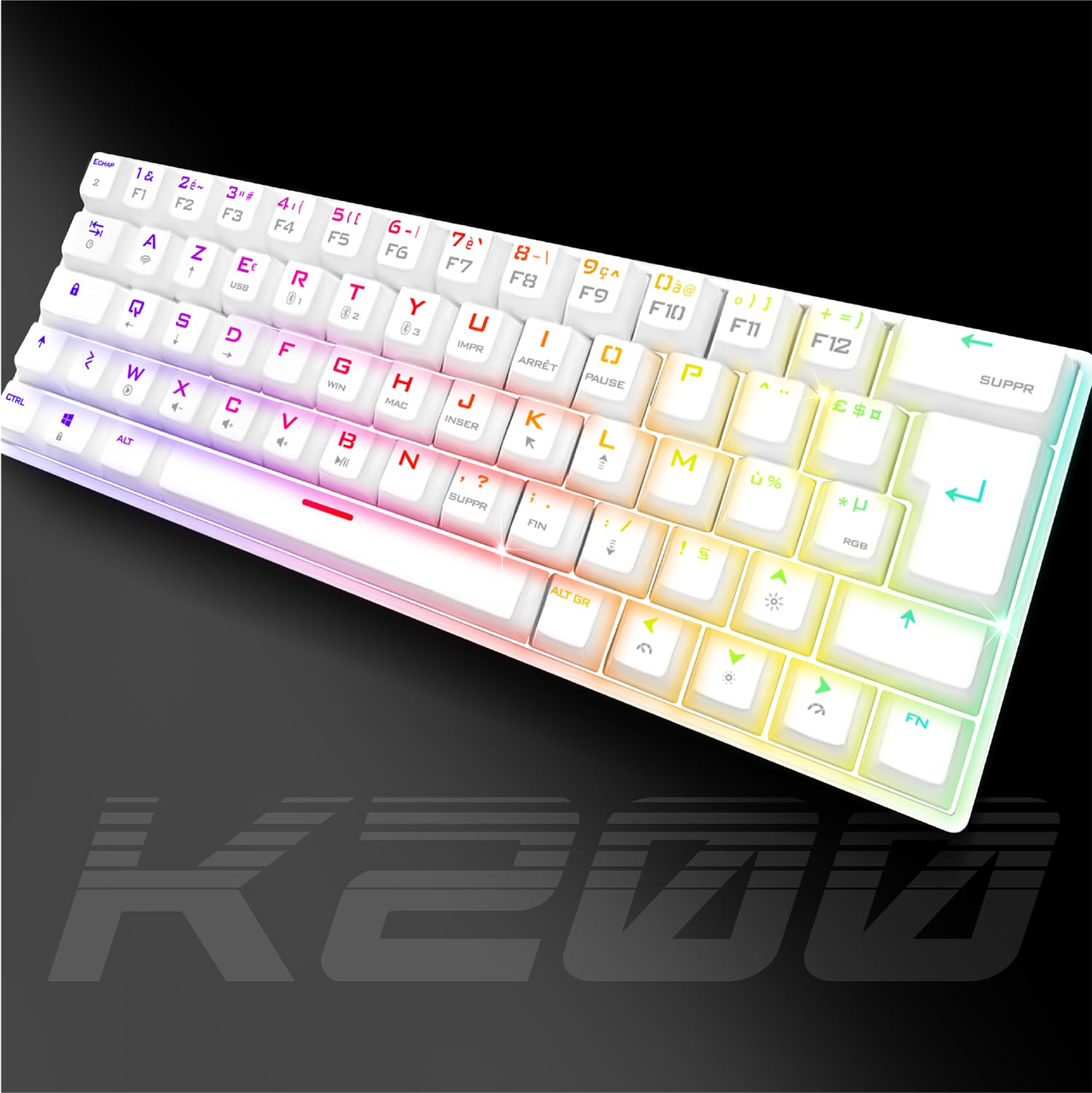 Spirit Of Gamer XPERT K200 | Clavier Gamer sans Fil & Bluetooth RGB | TKL AZERTY Ultra Compact 60% | Switches Rouges mécaniques Anti-Ghosting | Compatible Windows, Smartphone & Tablette (Blanc)