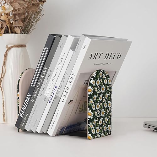 Miniatura 6 de Book Ends for Shelves 1 Pair - Elegant Daisy Print Wood with Metal Base Bookends for Heavy Books, Book Stand Organizer Holder for Books Movies Cds