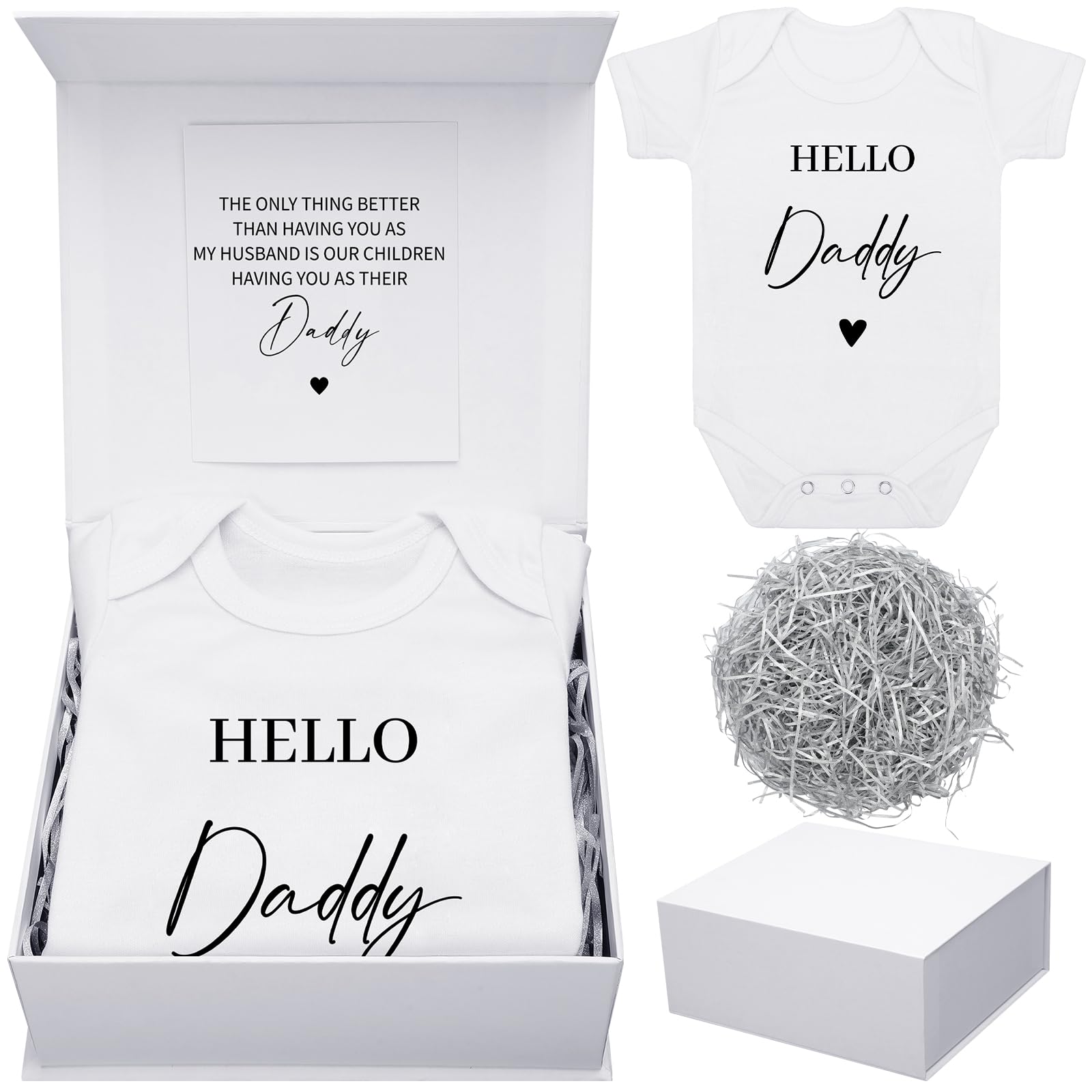 Shyyween 4 Pcs Pregnancy Announcement for Husband, Hello Daddy Baby Bodysuit, Hello Daddy Pregnancy Reveal Card Baby Reveal Gift Box Baby Announcement
