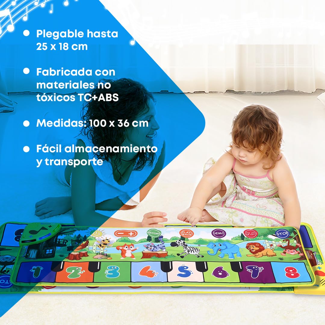 NK Alfombra Musical para Bebé con 8 Sonidos de Animales LED - Piano Infantil Juguete para Niños 3 4 5 años, Regalo Original Montessori Cumpleaños Navidad, Plegable, Función Record/Playback (110x36cm)