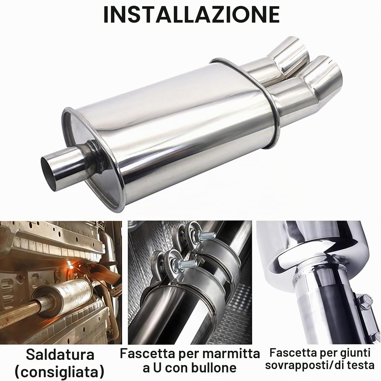 Silenziatore di Scarico Auto Doppia Uscita 2.25"/57mm - Marmitta Terminale Acciaio Inox per Diesel Resonatore Suono Turbo Lunghezza 53.5cm Universale per Sedan SUV Furgoni(Coda Curvata Argento)