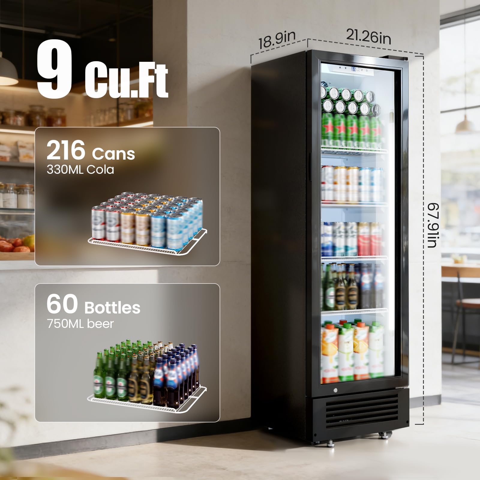 Kismile 9 Cu.Ft Large Commercial Refrigerator, Outdoor Beverage Cooler With Wheels, Lock & Key, Adjustable Shelves, Double-Tempered Glass Drink Fridge For Bar, Restaurant Or Home on Fridge.com - View 5
