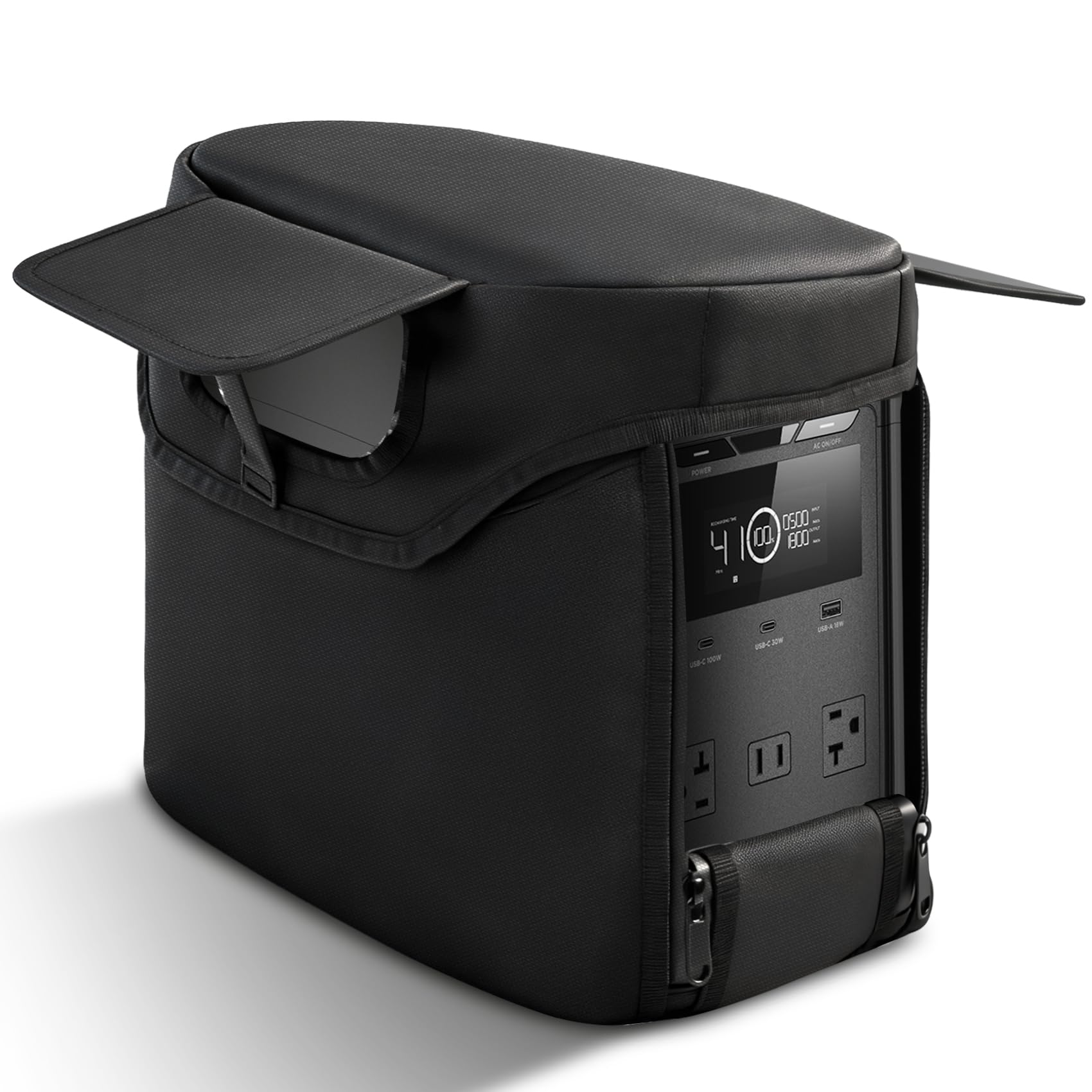 Photo 1 of Heavy-Duty Case Compatible with EcoFlow DELTA 3 Series (Plus, Classic, 1500), Waterproof 1680D Oxford Protective Cover with Heat Dissipation Vents & Clear LCD Window (Black)
