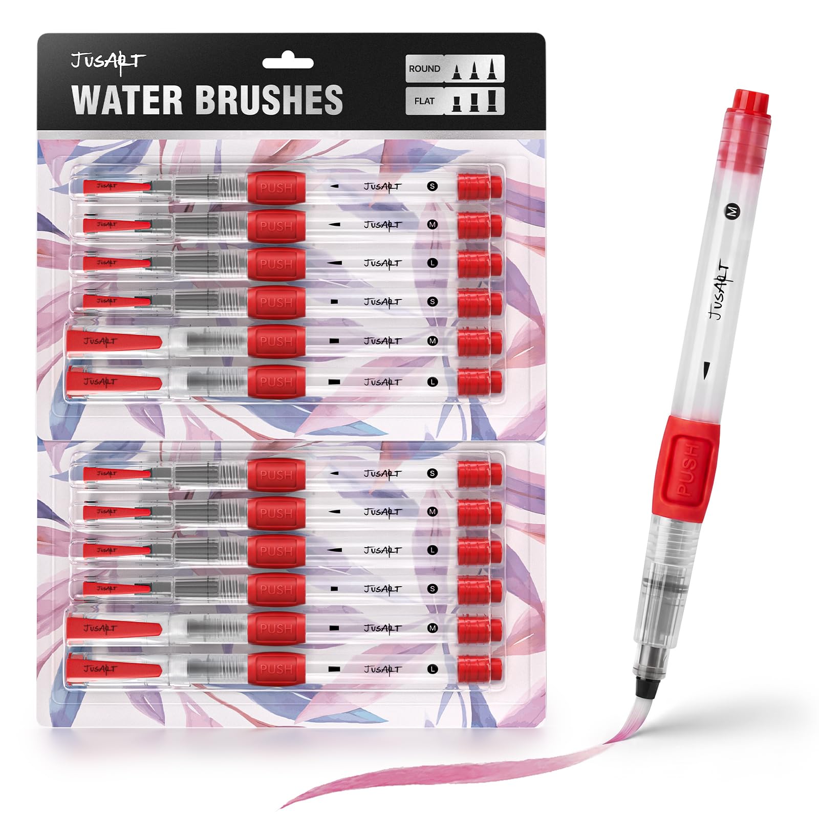 JusArt Water Brush Pens 12-Pack Leak-Proof Refillable Watercolor Pens for Acrylic and Gouache Painting - Includes Pointed & Flat Tip Styles - Portable Water Brushes for Artists, Beginners, Adults