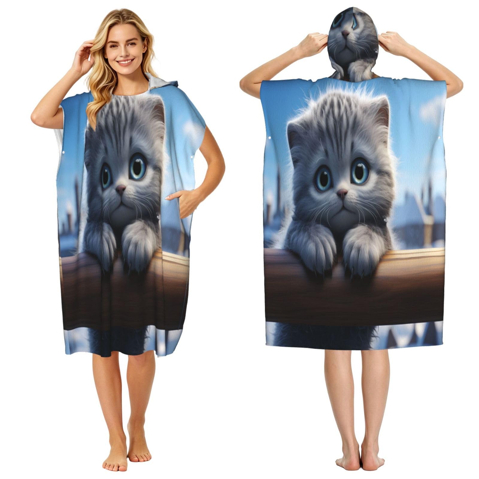 DTHKJNLSF Lonely Kitty Adult Hooded Beach Poncho Towel