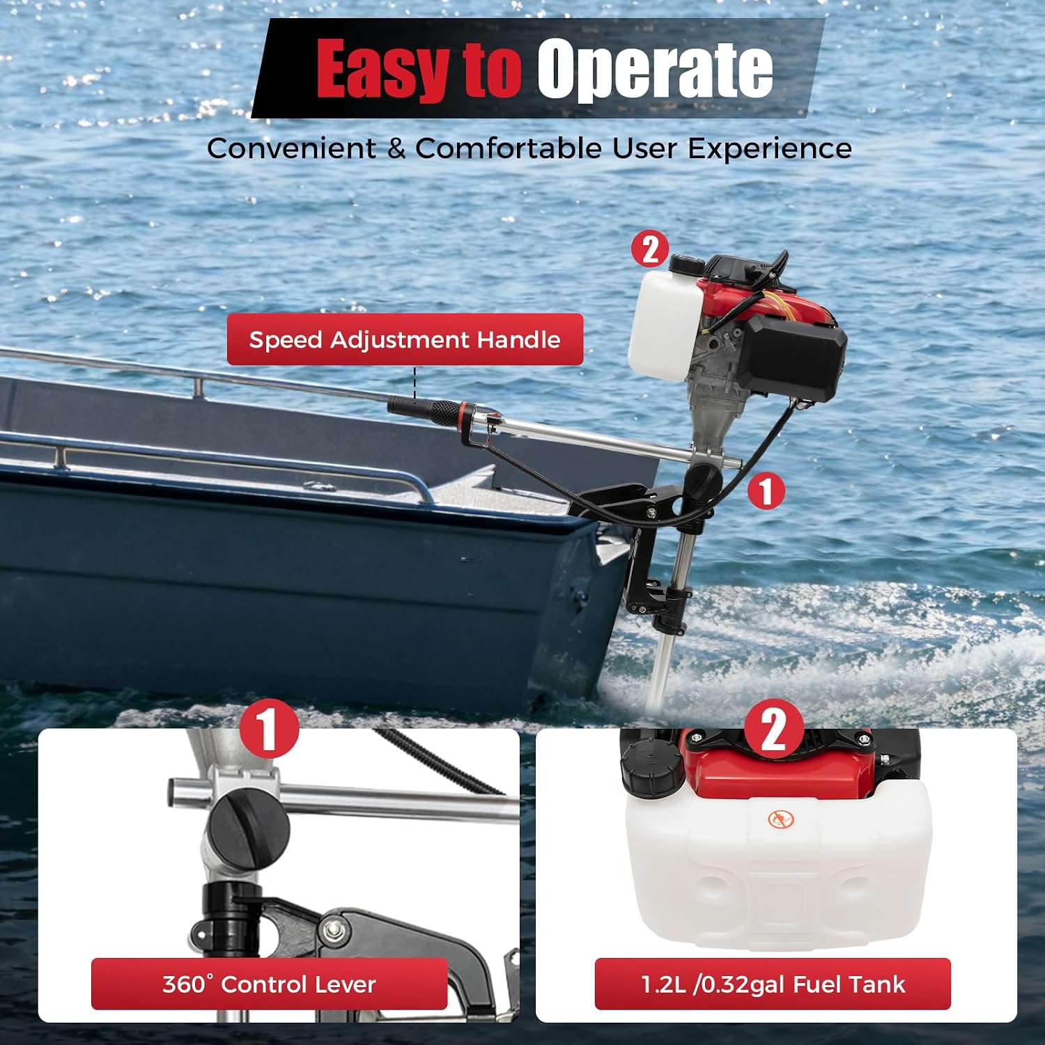 4HP Outboard Motor, 4 Stroke 53.2CC Marine Boat Engine with Air Cooling System, Hand Start Gasoline Engine for Inflatable Fishing Boats Yachts Water Sport Tools
