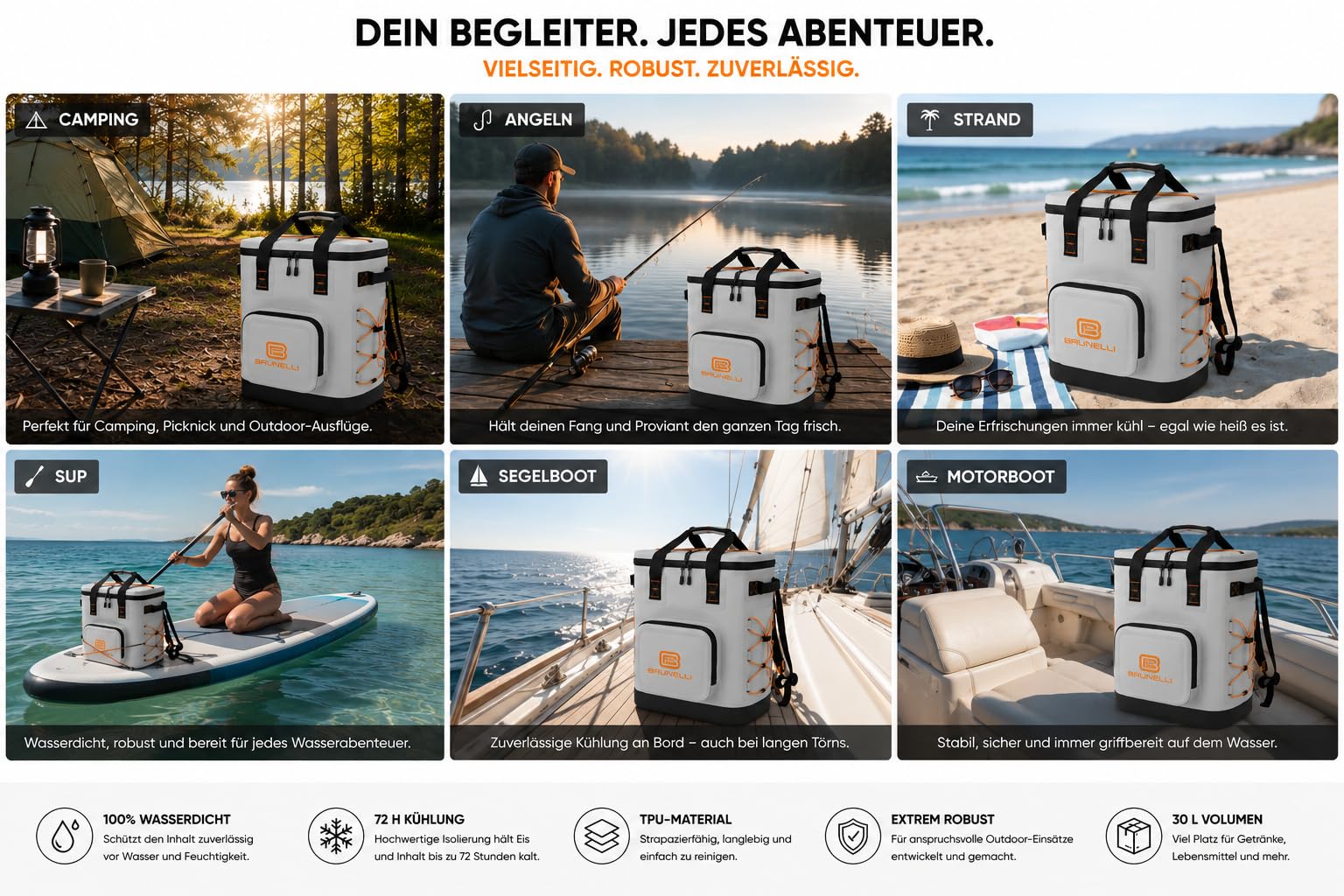 BRUNELLI Kühlrucksack 30L – Wasserdichter Premium Isolier-Rucksack mit TPU-Material, Lange Kühlleistung, auslaufsicher, Fronttasche & Flaschenöffner | Camping, Angeln, Strand, SUP, Boot
