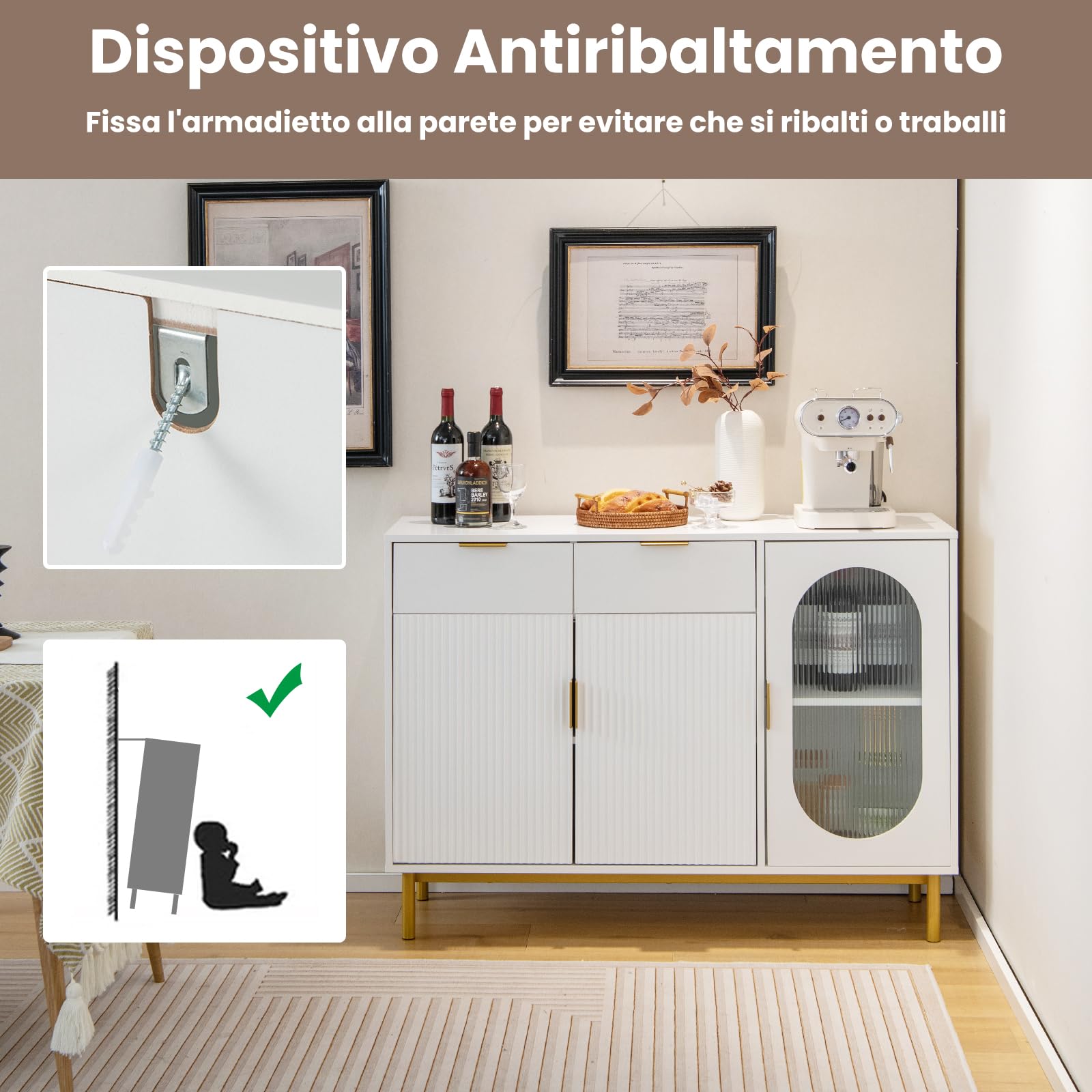 COSTWAY Credenza Da Cucina Grigia Con 2 Cassetti, 3 Ante E Ripiano Regolabile - Mobile Buffet Per Sala Da Pranzo E Soggiorno - 6