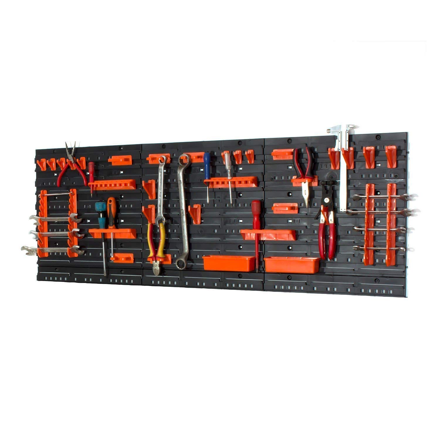 75 cajas apilables con estante de pared 120 x 80 cm estantería de almacenamiento pared herramientas taller garaje placas de pared negro naranja
