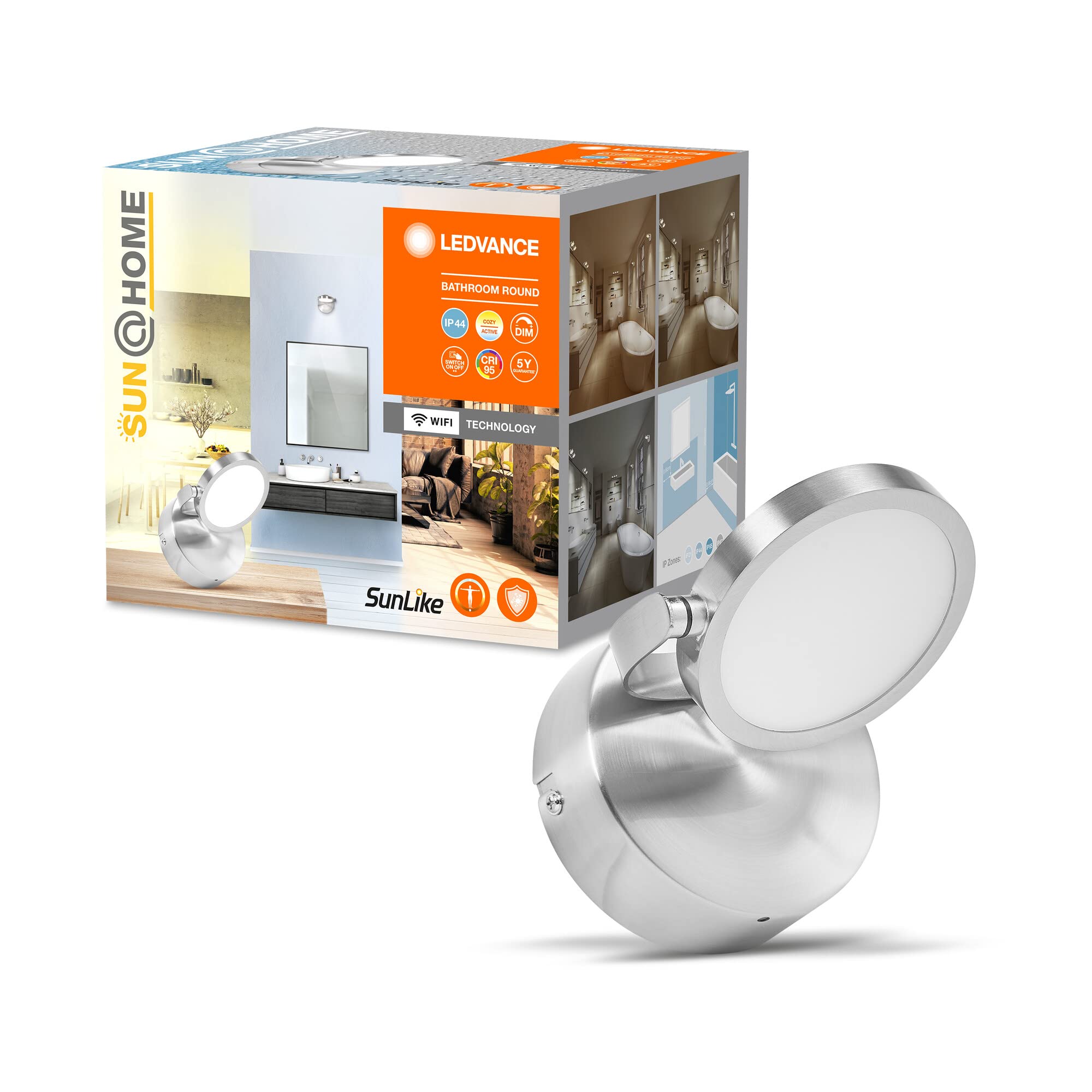 LEDVANCE SUN@HOME Badleuchte 110mm IP44, 7,5W, 520lm, regulierbares Weißlicht (2200K bis 5000K), stufenlos steuerbar, dimmbar, passt das Licht automatisch dem Biorhythmus an, Schutzklasse IP44, Chrom