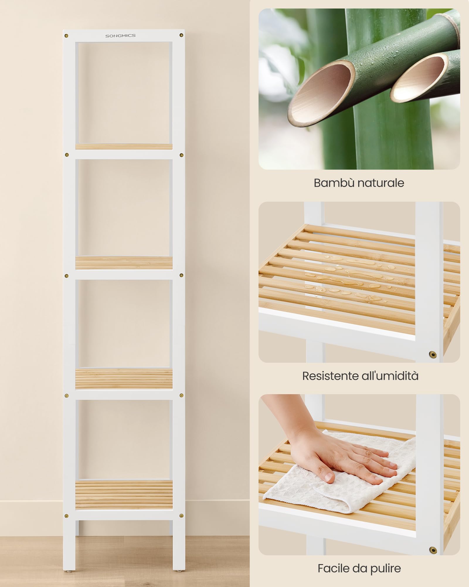 SONGMICS Scaffale da Bagno in Bambù a 5 Ripiani, Scaffale Stretto Multifunzione, Scaffale ad Angolo, per Cucina, Soggiorno, Camera da Letto, Corridoio, Bambù Chiaro e Bianco Nuvola BCB055N01