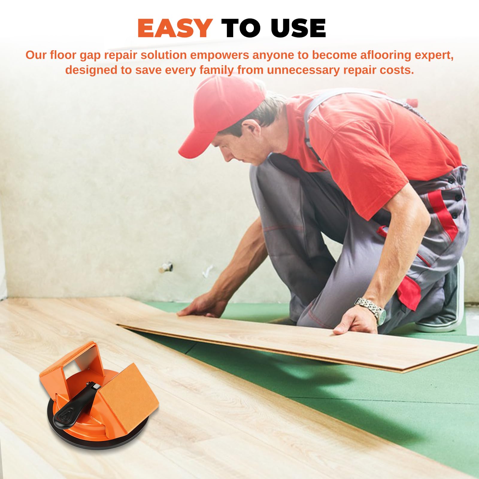 Floor Gap Fixer Tool -45° Two-Way Tapping Function, Heavy Duty Cast Iron with Reinforced Suction Cup, Includes 2 Crack Cleaning Tools & Reusable Rubber Pad (Orange) — view 6