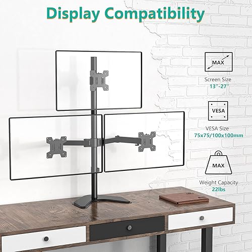 Miniatura 3 de WALI Soporte triple para monitor, soporte de escritorio para tres monitores totalmente ajustable, se adapta a 3 pantallas de hasta 27 pulgadas,