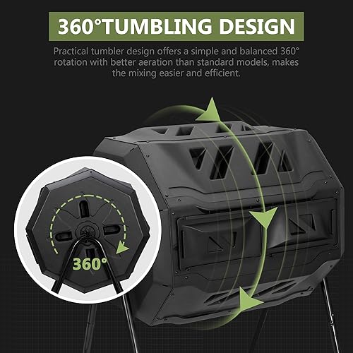 Miniatura 2 de SUPER DEAL Vaso de abono para exteriores, 43 galones, doble cámara, sin BPA, gran compostador giratorio de 360 para jardín y patio, color negro