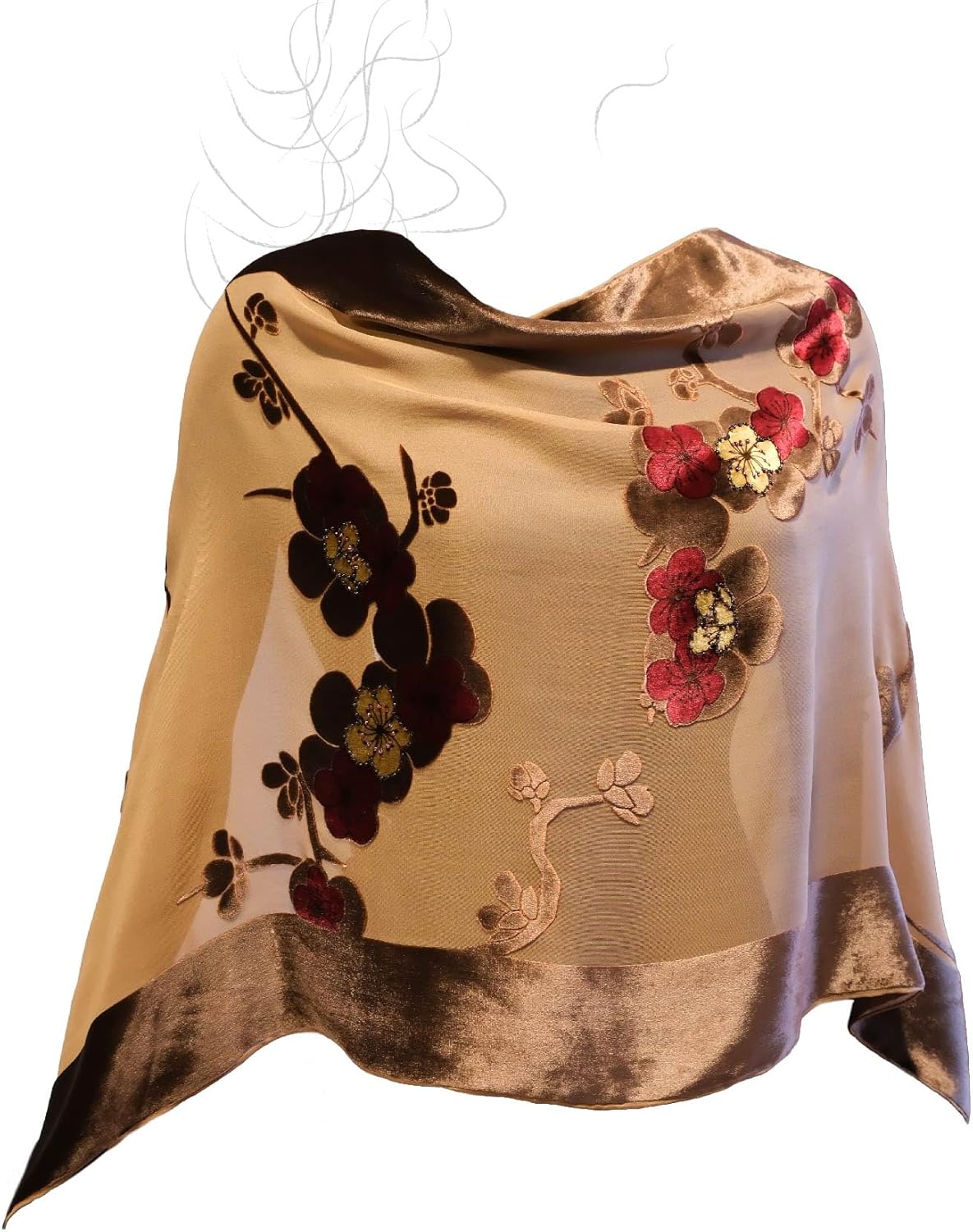 Silk Base Burn-out Velvet Shawl, 71" Lx21 W, Plum and Crane pattern with Beads Adorned, Multiple Brown - Image 2