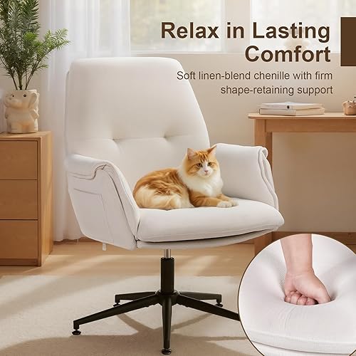 Miniatura 3 de Silla de escritorio de oficina estacionaria sin ruedas, cómoda silla de tocador de tela con respaldo y brazos, moderna silla giratoria de lectura