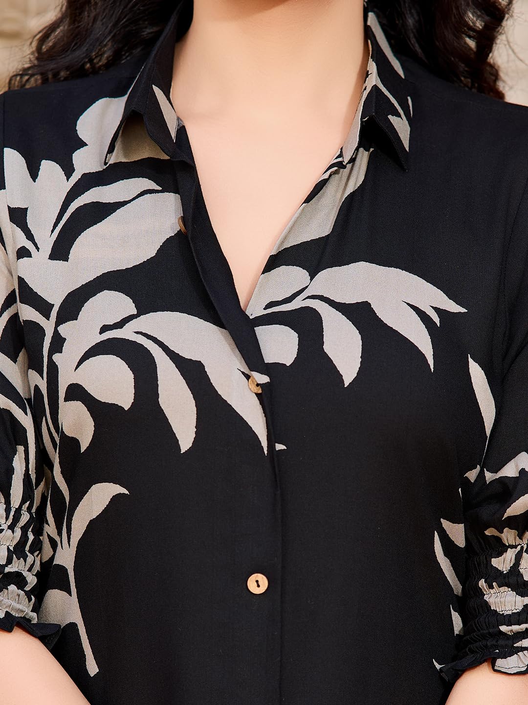 VIBE VISION 2-Piece Women's Co-ords Set - Viscose Rayon Shirt Collar 3/4 Sleeve Regular Fit Casual Shirt & Trousers Printed Design (BLACK, L) 3
