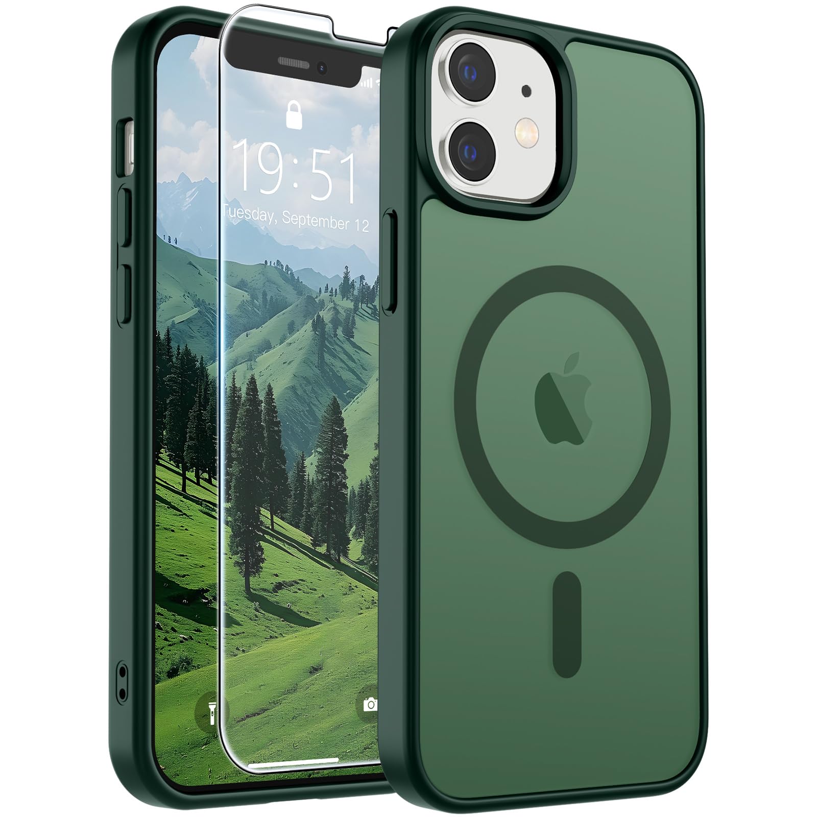 SUPFINE Magnetic for iPhone 12 Mini Case/iPhone 13 Mini Case Forest Green | With Screen Protector, Translucent Matte, Compatible with MagSafe, Military Grade Drop Proof, Rugged Shockproof Protective