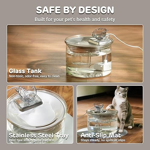 Miniatura 4 de iPettie Fuente de agua de vidrio para gatos, fuente de agua con boquilla de 68 oz2 L para gatos y perros con 2 cabezales rociadores, filtración de 3