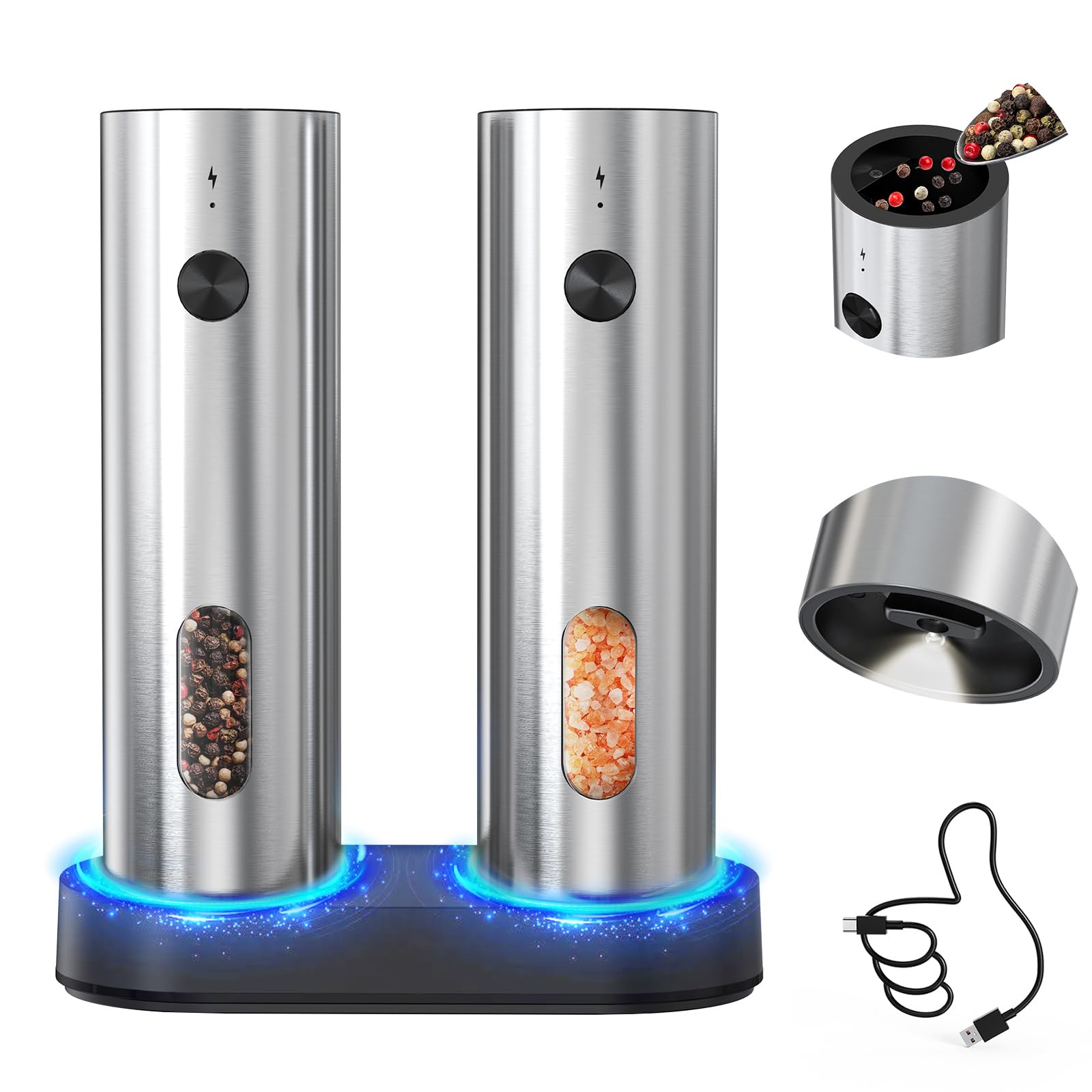 CIRCLE JOY Rechargeable Electric Salt and Pepper Grinder Set Automatic Stainless Steel Pepper Mill Grinders with Charging Base, Adjustable Coarseness, 110ml Container and Bright LED Light, Silver