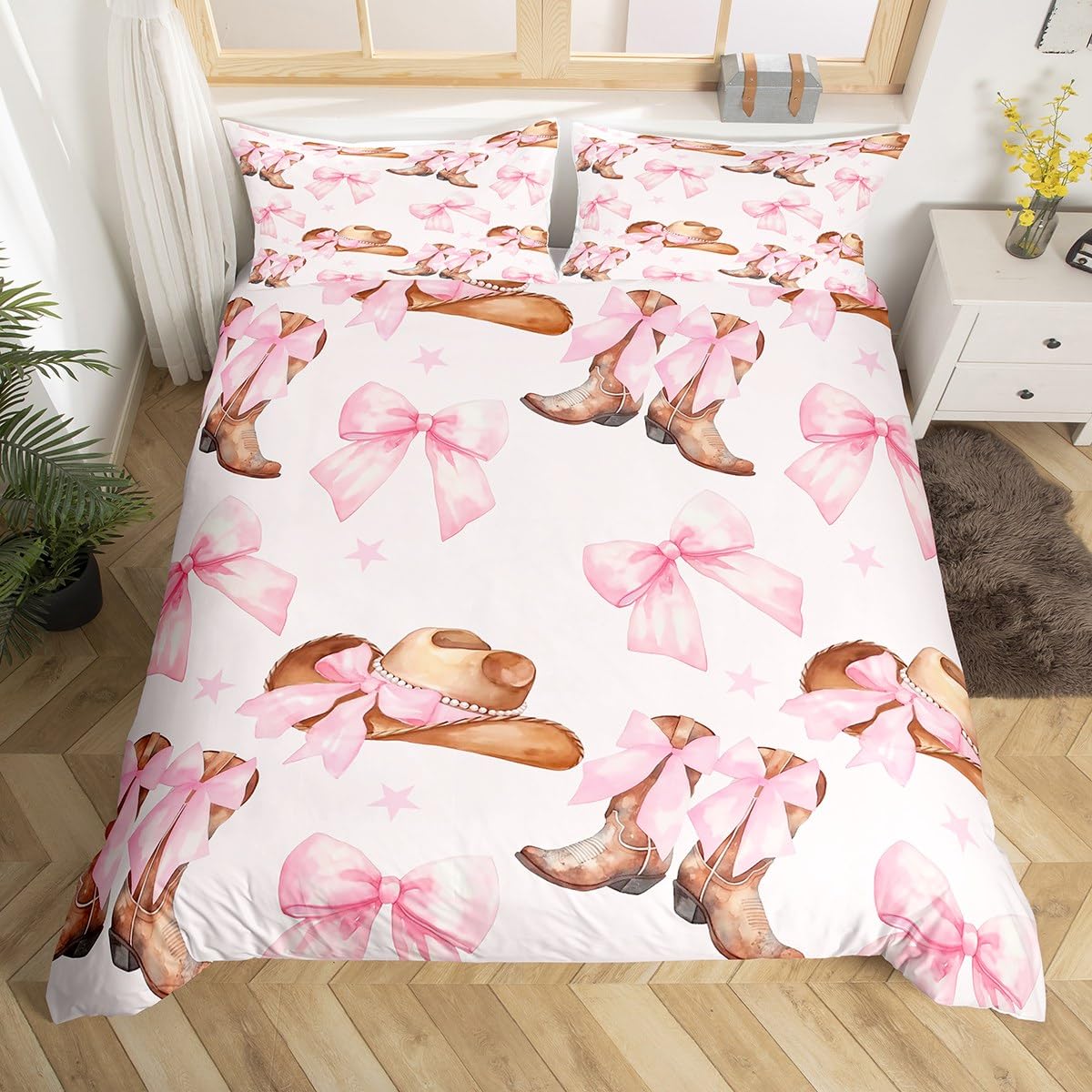 Manfei Western Cowgirl Decorations Beddding,Princess Bow Tie Duvet Cover for All Season,Pink Bowknot Cowgirl Boots Kids Bedroom Decor Comforter Cover(No Filler) Full Size,3PCS