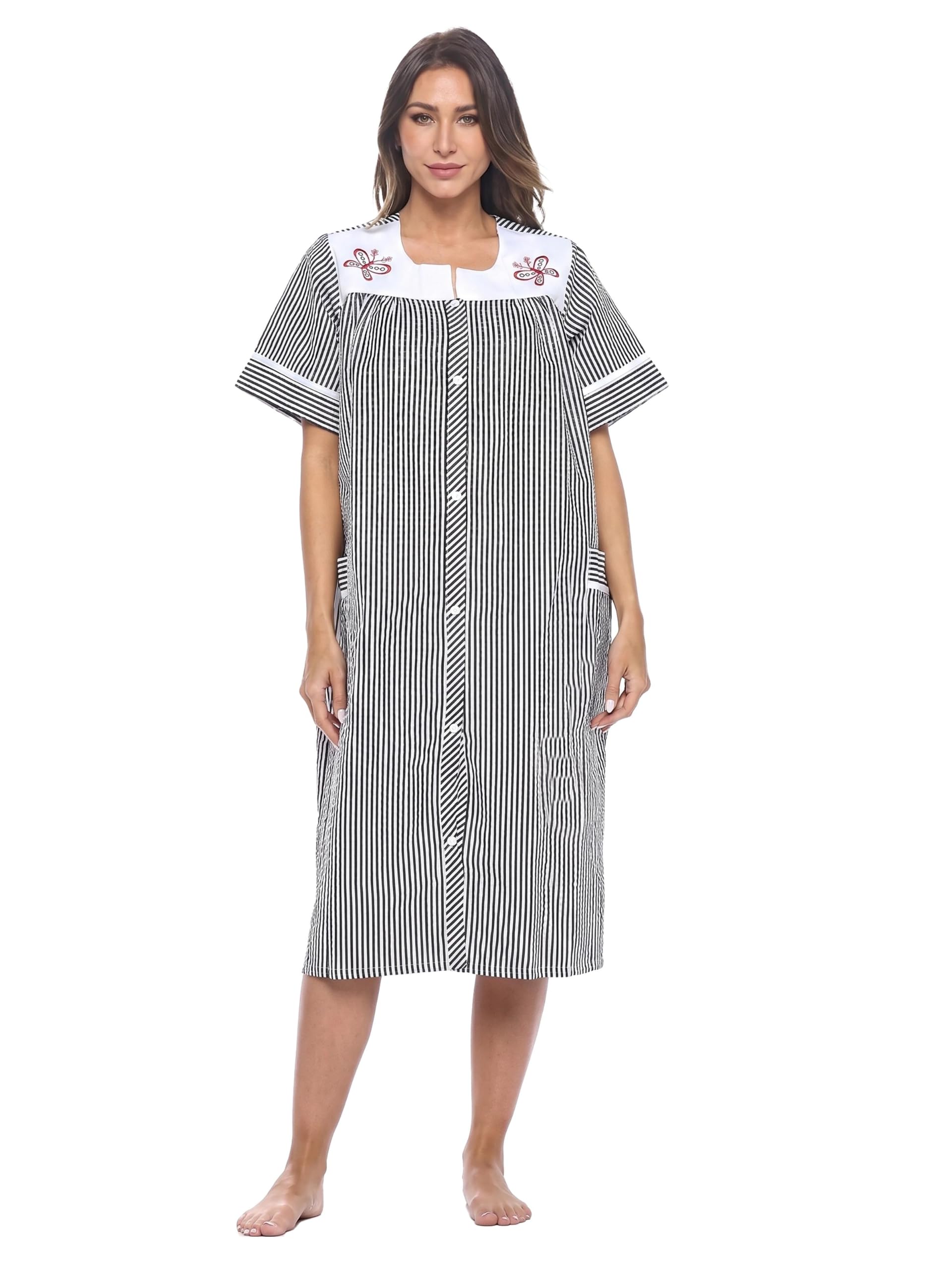 Casual Nights Women's Snap - Front House Dress Short Sleeve Woven Housecoat Duster Lounger Robe with Pockets