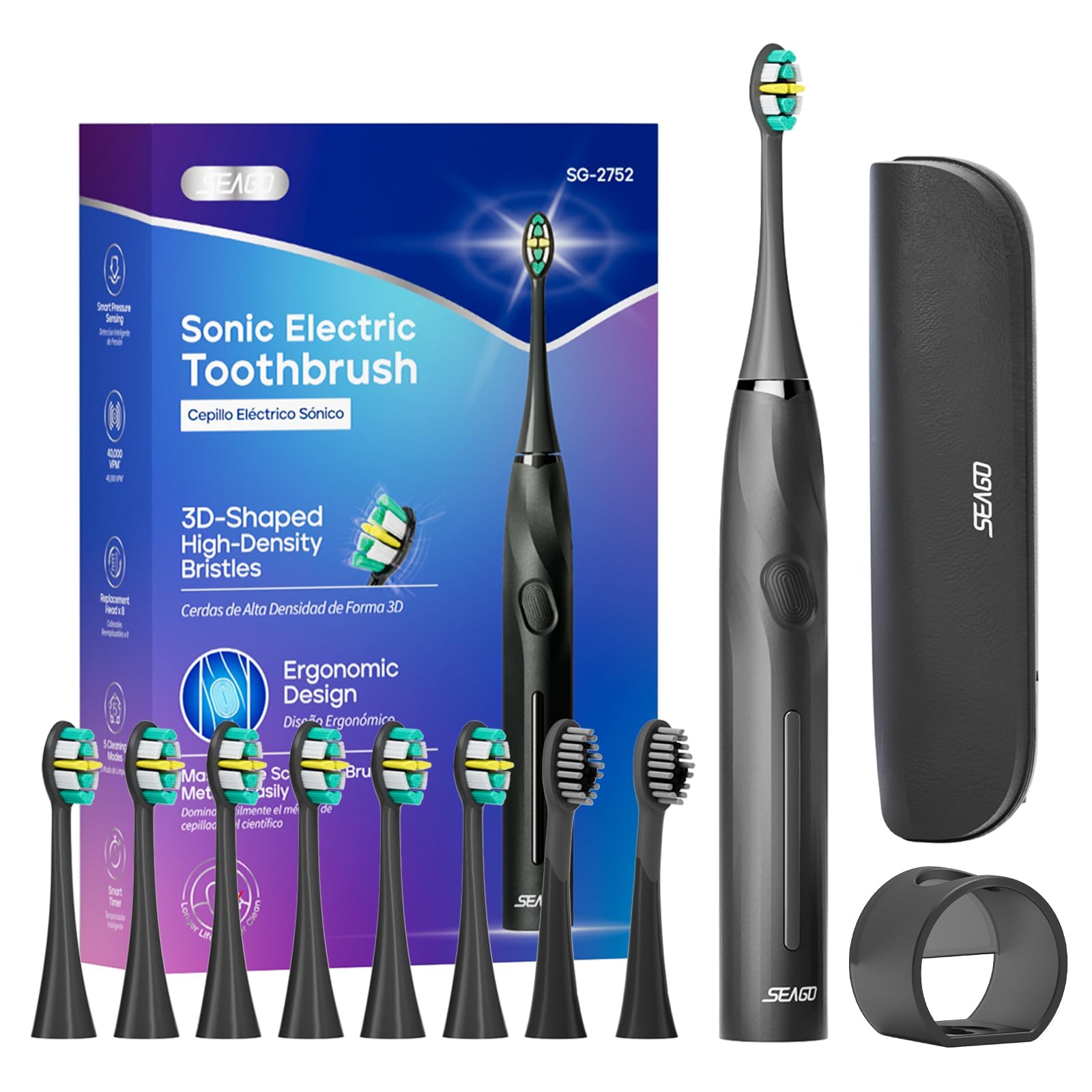 Electric Toothbrush with 8 Soft Bristle Heads for Adults, Pressure Sensor, 5 Modes with 2 Minutes Build in Smart Timer, Rechargeable Travel Toothbrush with Brush Hold and Travel Case(2752Black)