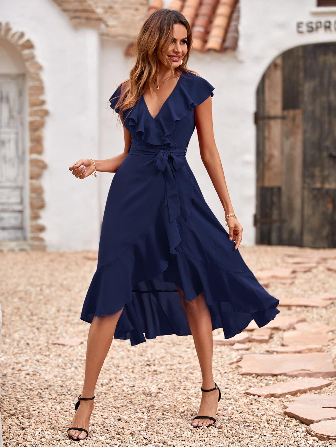 women's blue dress near me Dresses Solid Ruffle Trim Belted Wrap Dress for Women (Color : Navy Blue, Size : Medium) : Clothing, Shoes & Jewelry Tiered body last-chance-25%(new) Black Dress Women, Sweatshirt Girls Size:9-12 months