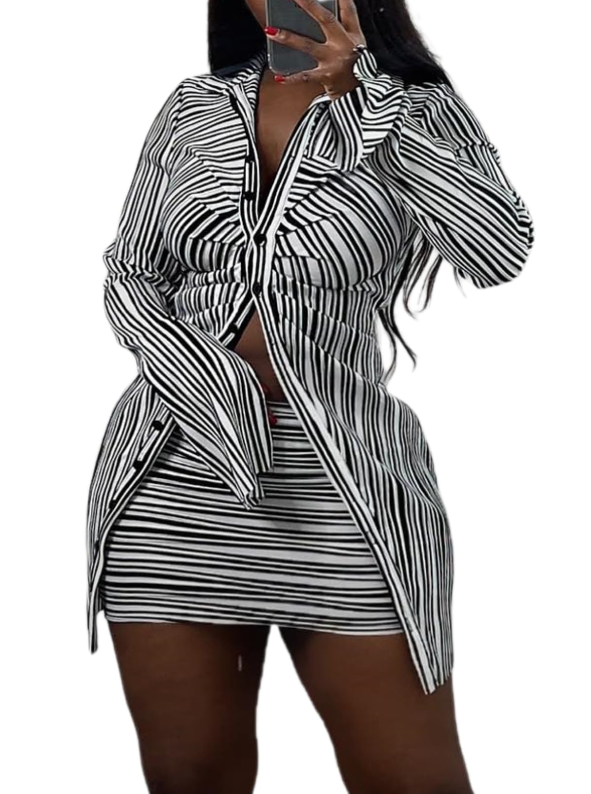ksotutm Womens 2 Piece Outfits Black and White Striped Skirt Set Long Sleeve Button Blouse and Skinny Mini