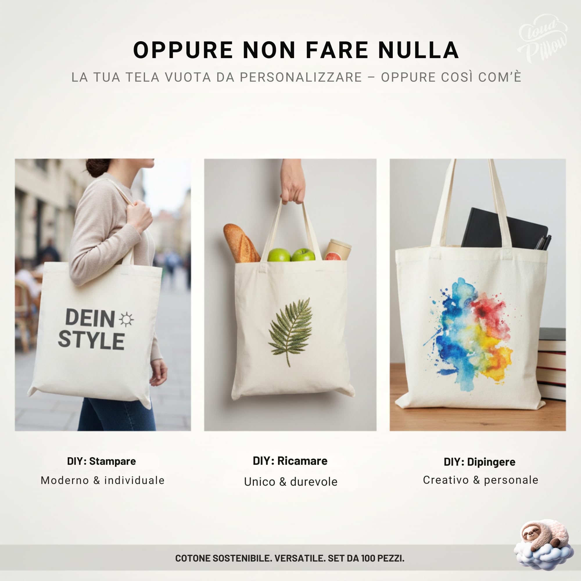 Cloud Pillow Sac in cotone 38 x 42 cm – borsa per la spesa in 100% cotone 144 g/m², non stampata per il fai-da-te (DIY) – pratica per l’uso quotidiano – OEKO-TEX Standard 100