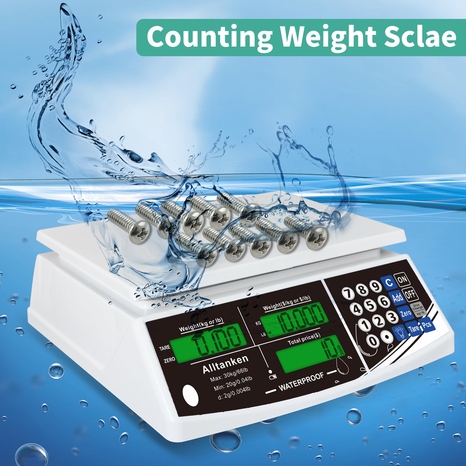 Báscula de cálculo de precios impermeable IP68, báscula digital de 66 libras para alimentos comerciales y carnes con pantalla LCD verde