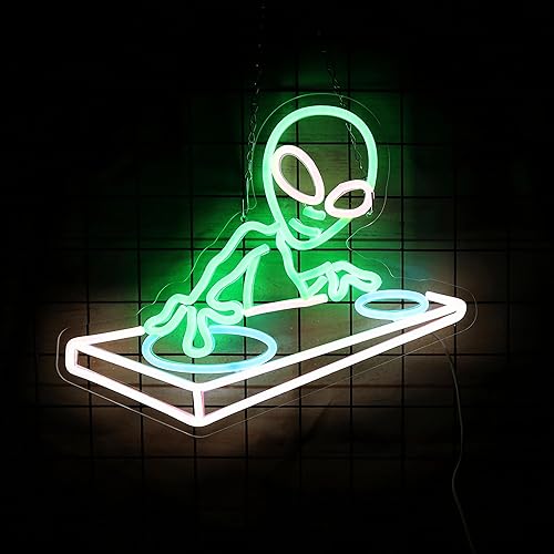 Letrero de neón de Alien DJ, regalos de DJ para hombres, luz de neón LED genial para decoración de pared de barra de música, letreros LED regulables
