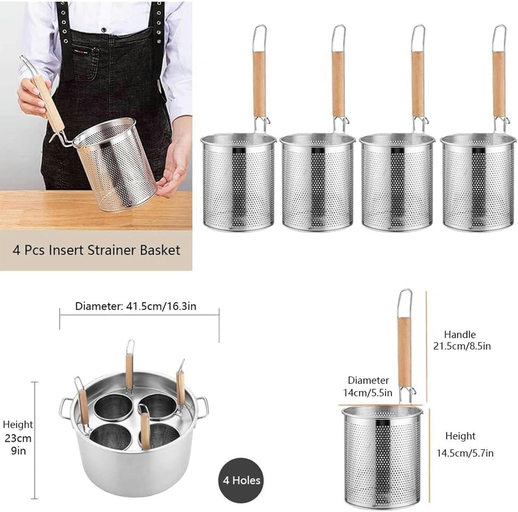 Pentole per Pasta, pentole Alte, con divisore e scolapasta, Set di pentole Alte, pentole Alte con coperchi, Set di Inserti per cuocipasta a 3/4/5 Fori, per Cucina Domestica, ristor
