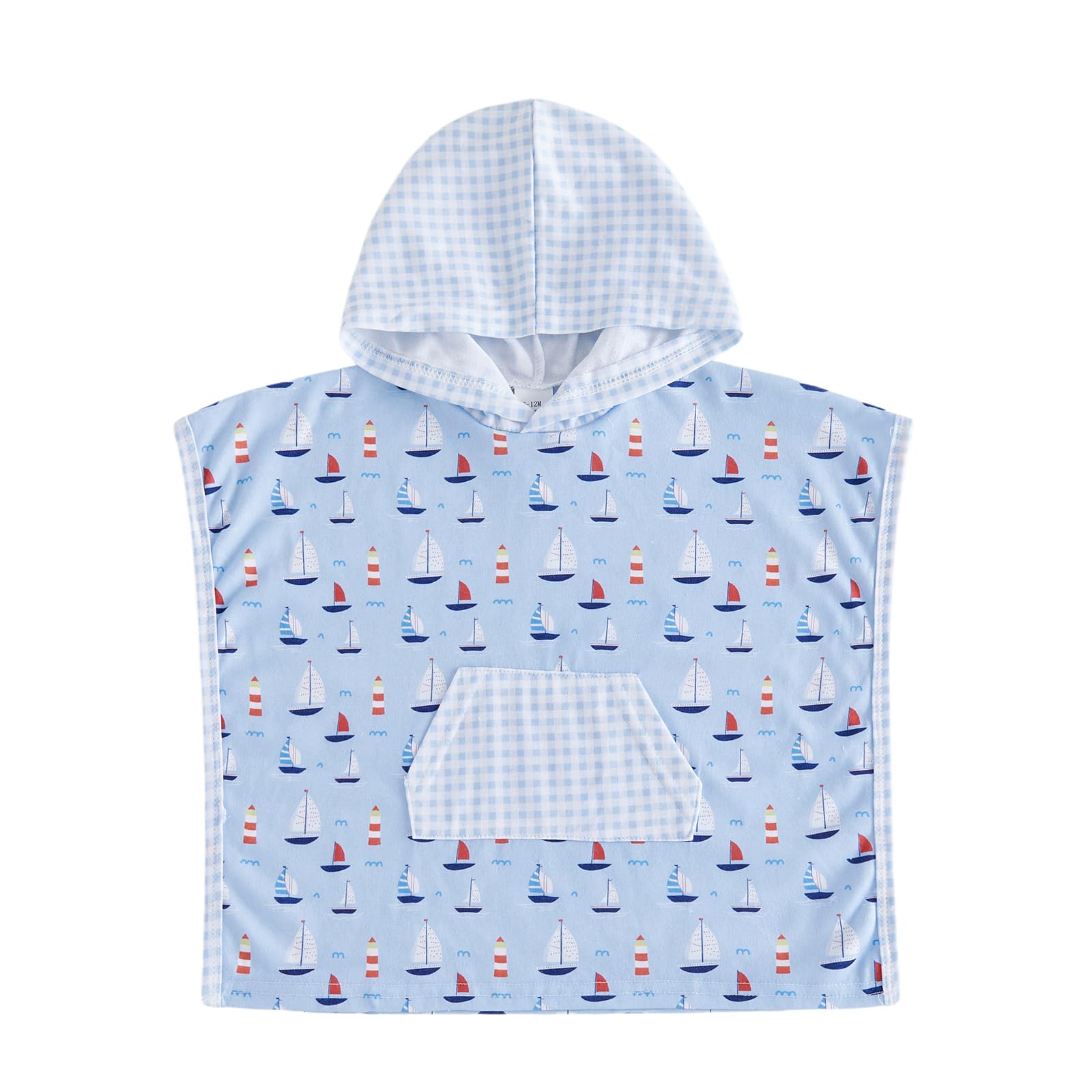 Geagodelia Hooded Swimming Poncho Towels for Kids Toddler Baby Boys Sailboat Pattern Terry Towelling Soft Changing Robe Towel Beach Cover Up (Blue, 12-18 Months)