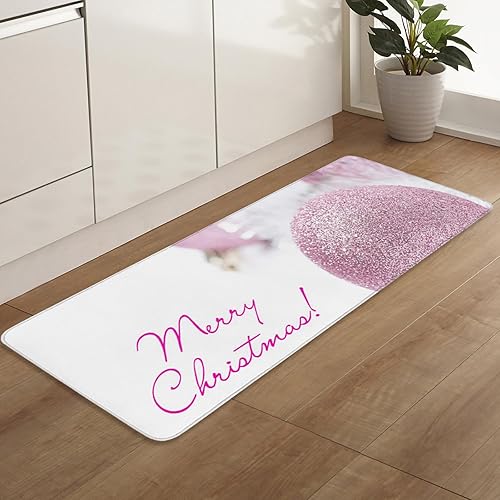 Miniatura 7 de Tapetes de cocina para piso, 2 piezas, bola decorativa brillante rosa de Feliz Navidad, antideslizantes, juego de alfombras de pasillo lavables,