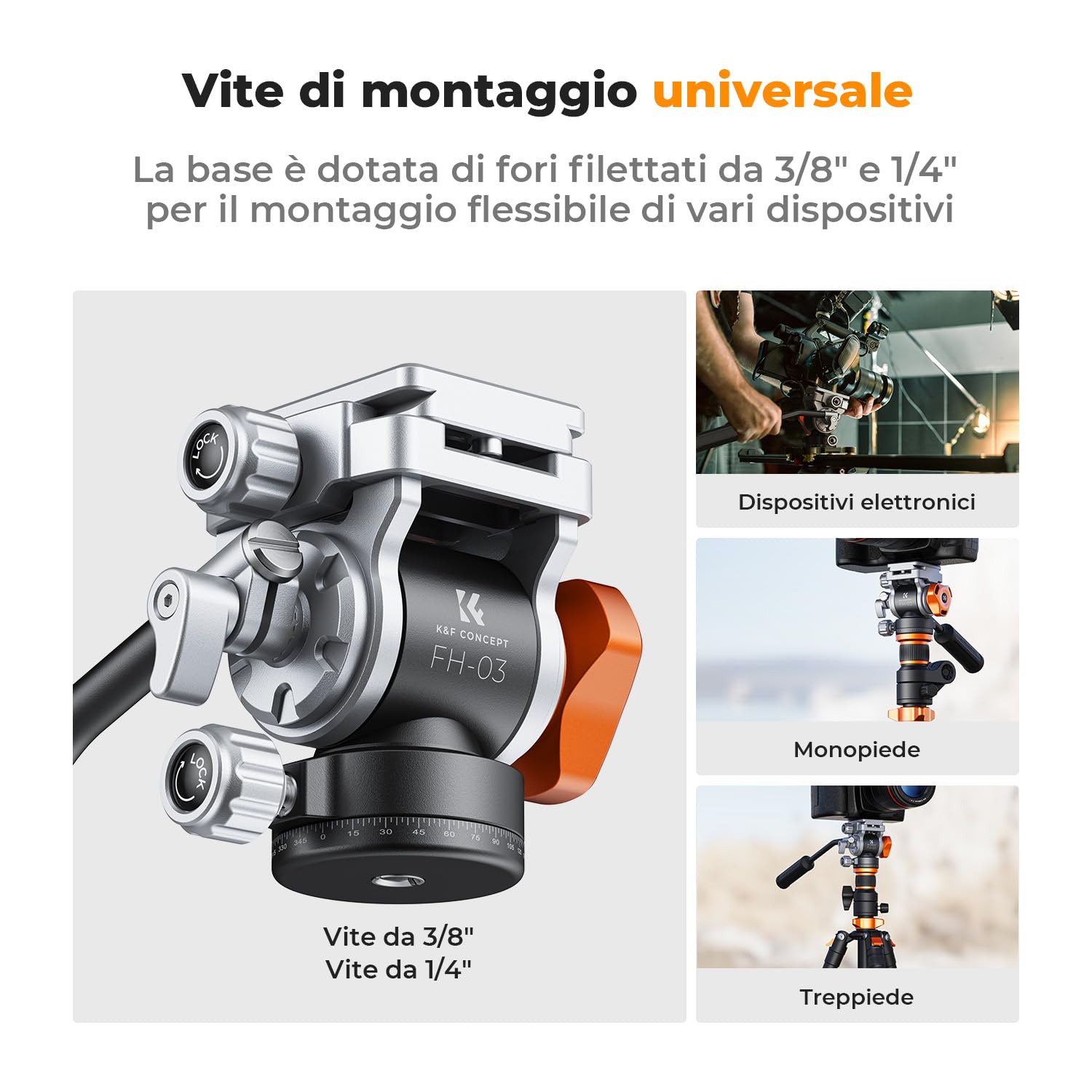 K&F CONCEPT Testa per Treppiede, FH-03 Testa Fluida con Piastra Arca-Swiss, Regolabile a 360° e Inclinazione ±90°, Testa Ammortizzata, Compatibile con Fotocamera DSLR, Videocamera, Carico Max 5kg
