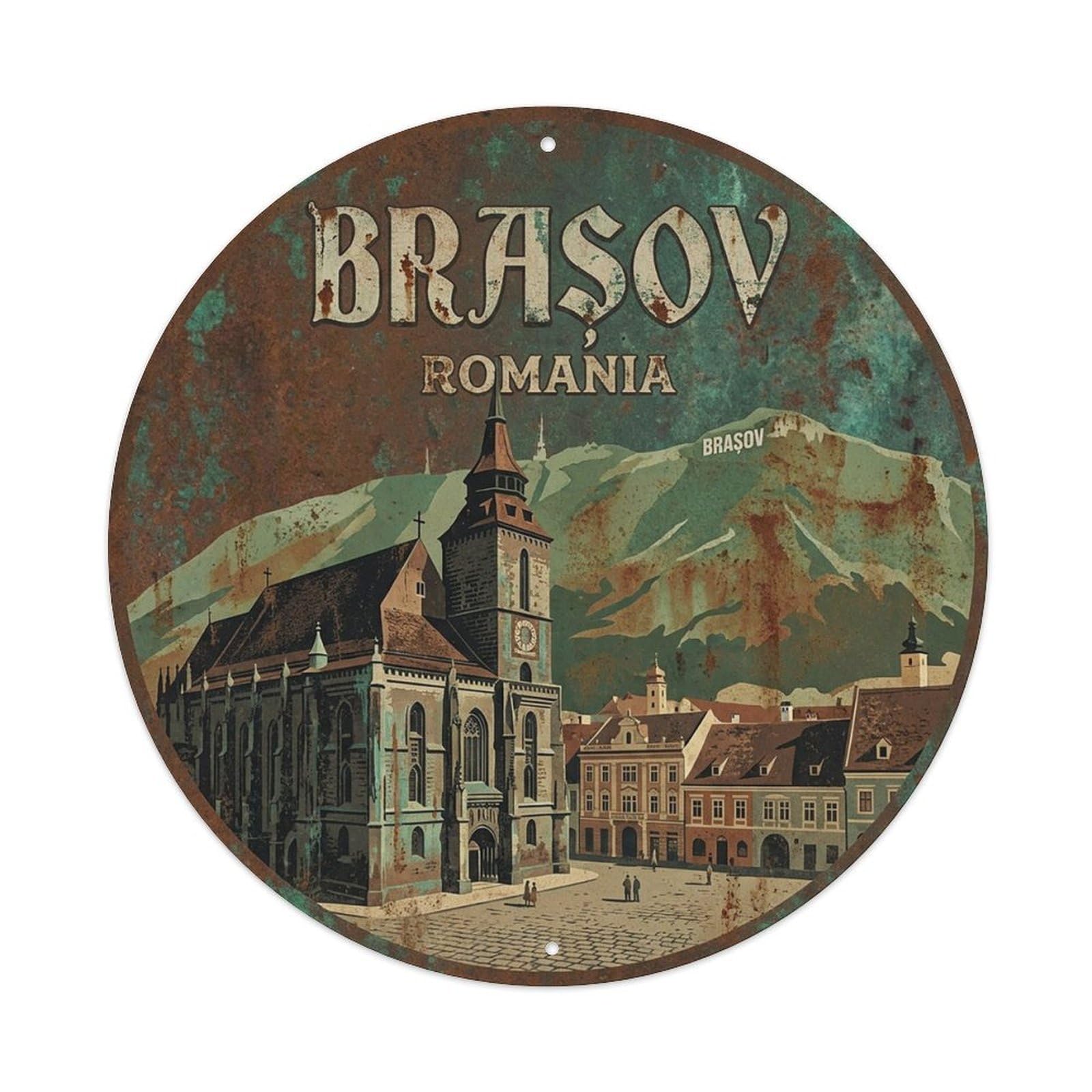 Retro Travel Romania Brasov Vintage Metal Tin Sign Plaque Wall Decor for Cafe, Club Bar, Office, Garden Metal Poster 8x8Inch