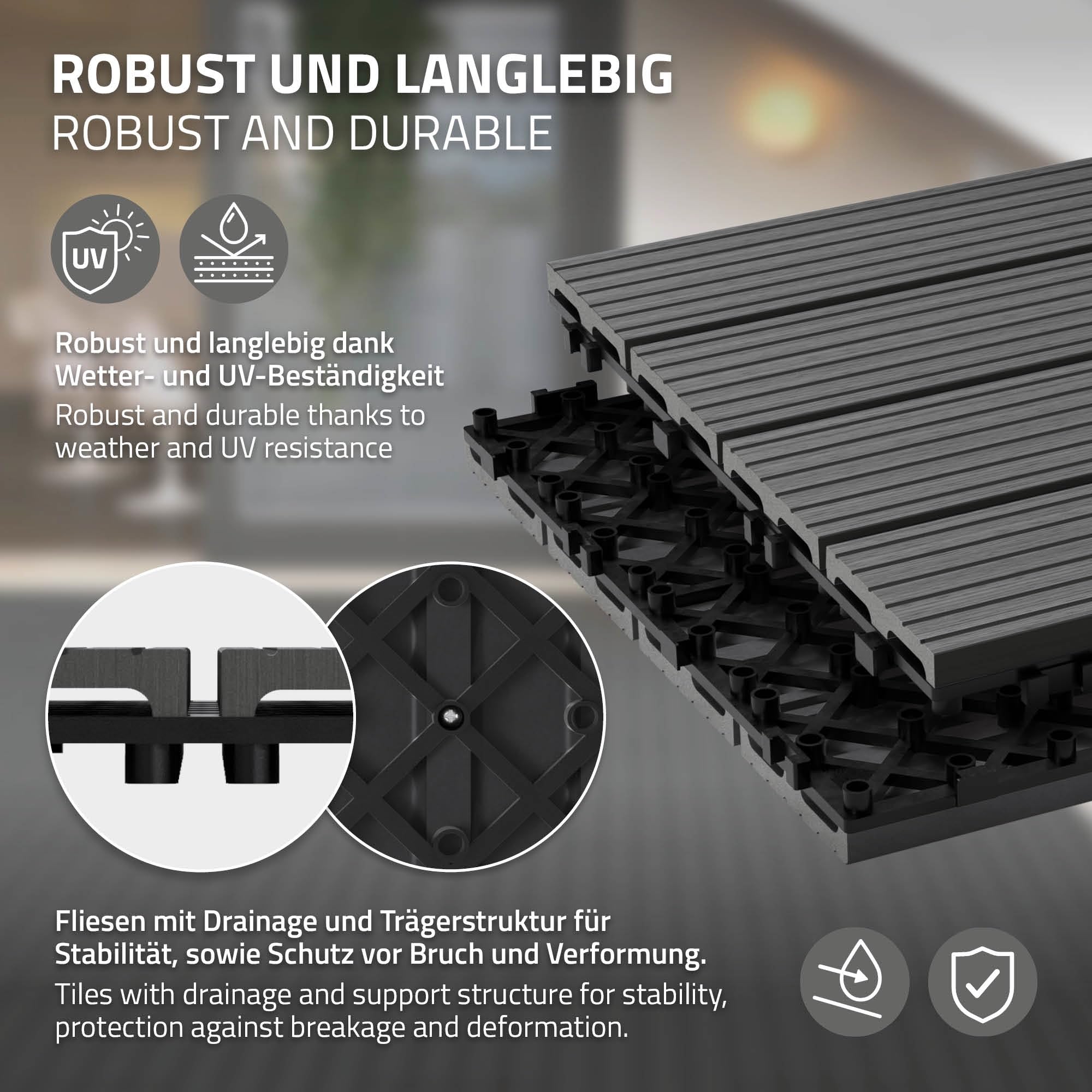 ECD Germany Dalles Terrasse Clipsables WPC 60x30 cm/12 pièces=2m² Anthracite Strié Aspect Bois Panneaux avec Système à Clic et Drainage Revêtement de Sol Carrelage Lames Patio Jardin Extérieur