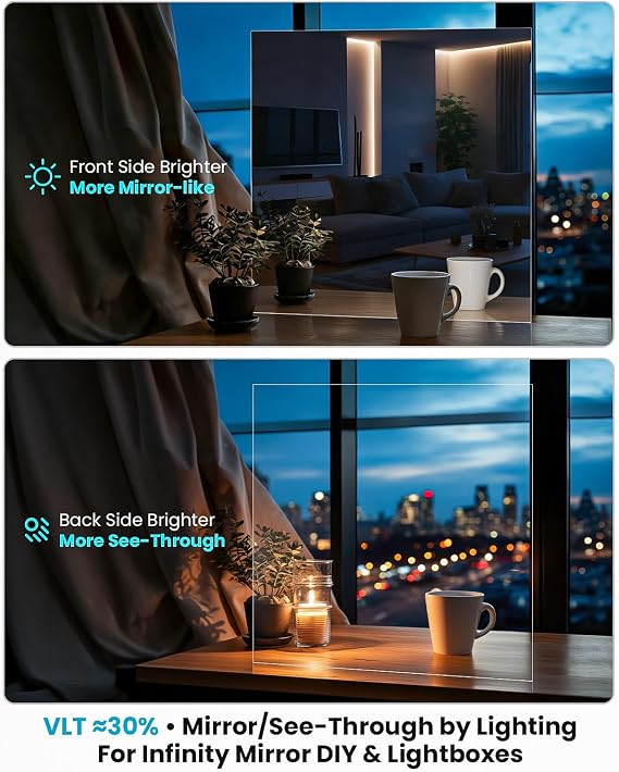 3 Pack Acrylic Two Way Mirror Sheets, 12 x 12 x 0.04 Inch, 30% Transparent See Through Mirror Panels with Double-Sided Protective Film, Magic Mirror, DIY Projects