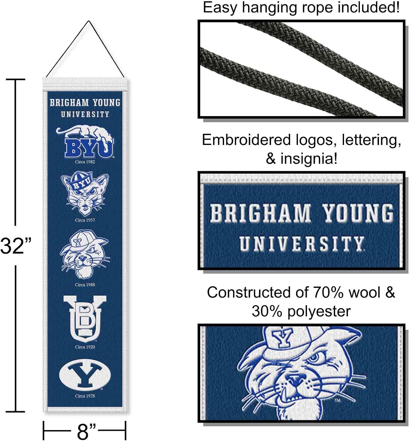 WinCraft Brigham Young University Cougars Evolution 8x32 Inch Vertical Wool Embroidered Hanging Banner