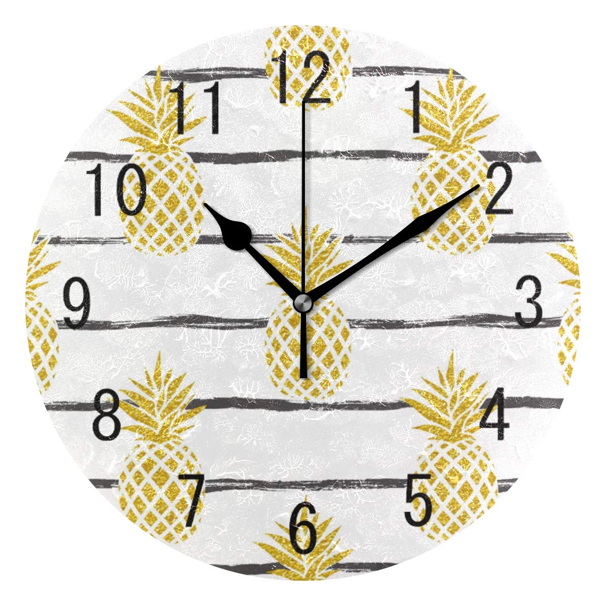 ALAZA Home Decor Summer Gold Pineapple on Striped Round Acrylic 9.5 Inch Wall Clock Non Ticking Silent Clock Art for Living Room Kitchen Bedroom