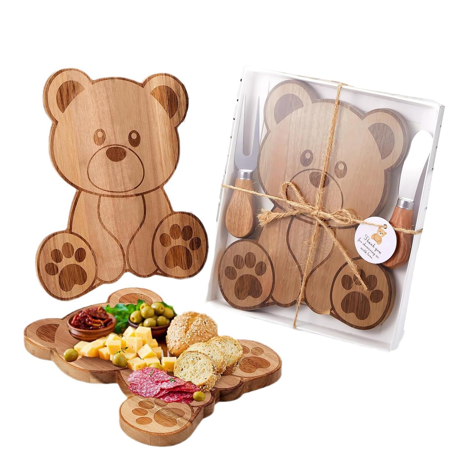 Juego de tabla de queso de madera de acacia con cuchillo de queso y tenedor, tabla de madera para queso, salchichas, frutas y aperitivos, set de regalo para brunch, picnic y celebraciones