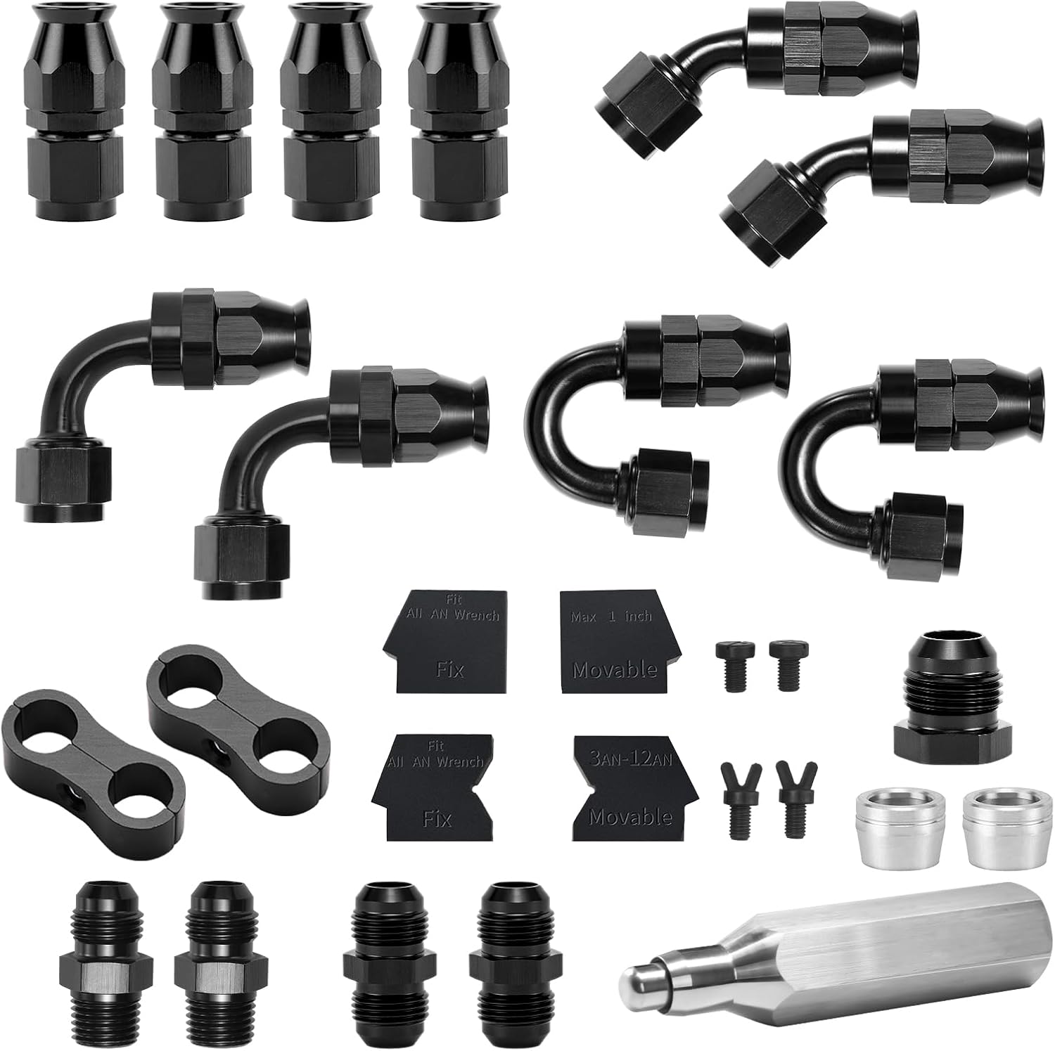 6AN PTFE Hose End Fittings Kit 0/45/90/180 Degree Fittings with 6AN Male to Male Straight Flare Coupler, 6AN Male Flare to 1/4" NPT Adapter & Hose Assembly Tool For PTFE Fuel Line, Black