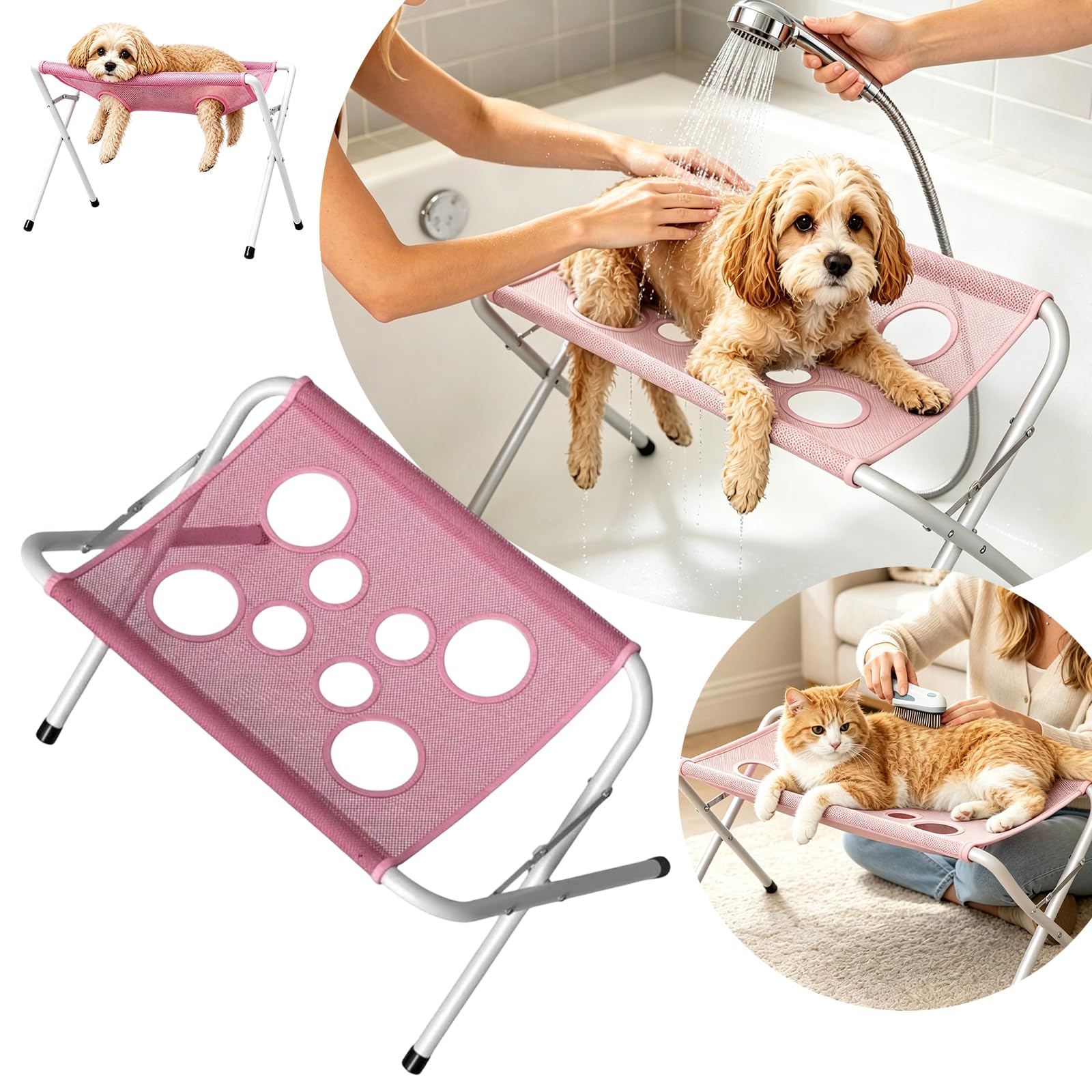 Dog Shower Hammock Chair, Foldable Grooming Bed, Pet Shower Holder Stand